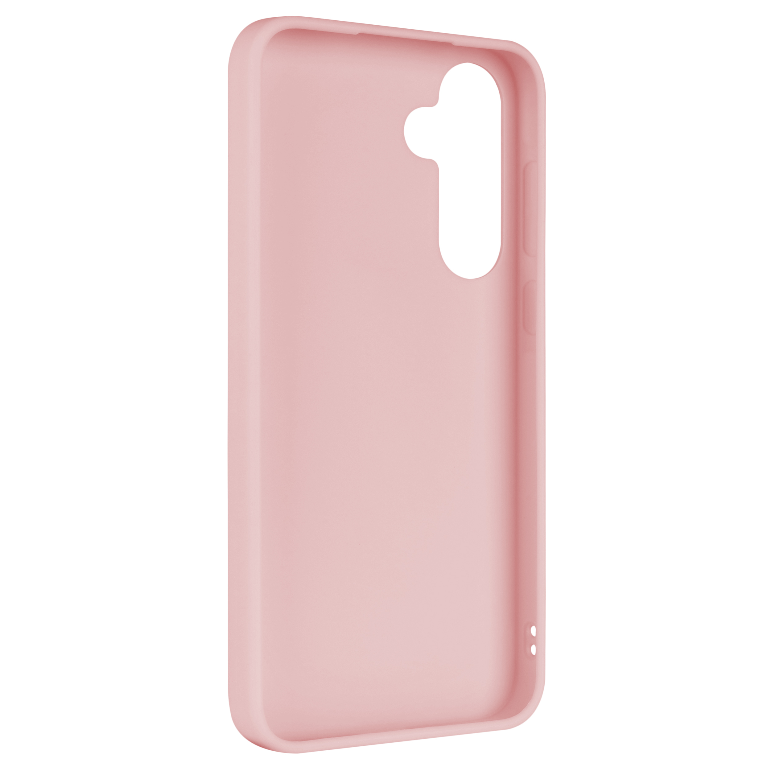 Eine einfarbige rosa Handyhülle aus Silikon auf weißem Hintergrund.