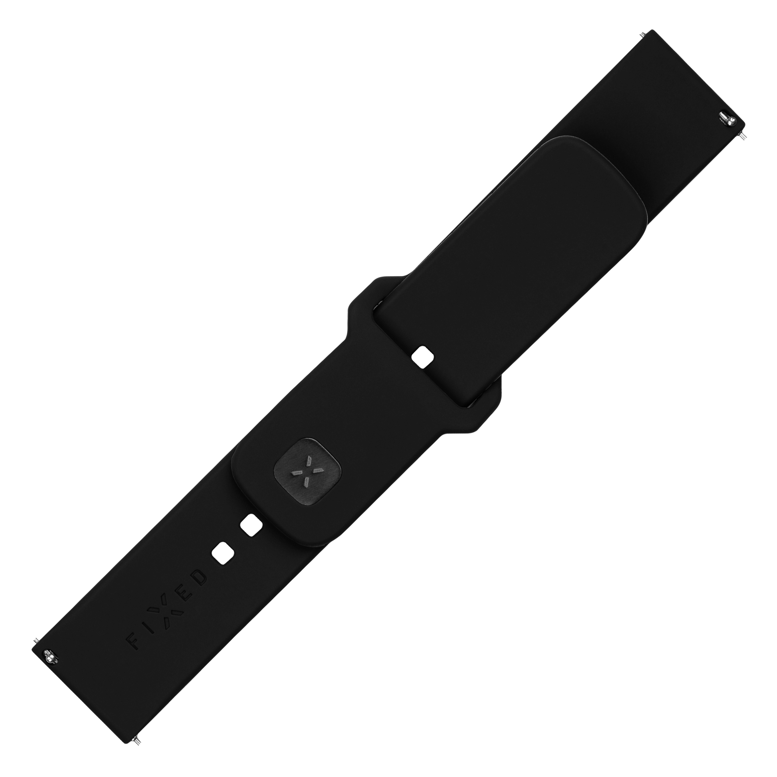 Ein schwarzes Silikonarmband mit einer quadratischen Schließe und dem Markennamen FIXED auf weißem Hintergrund.