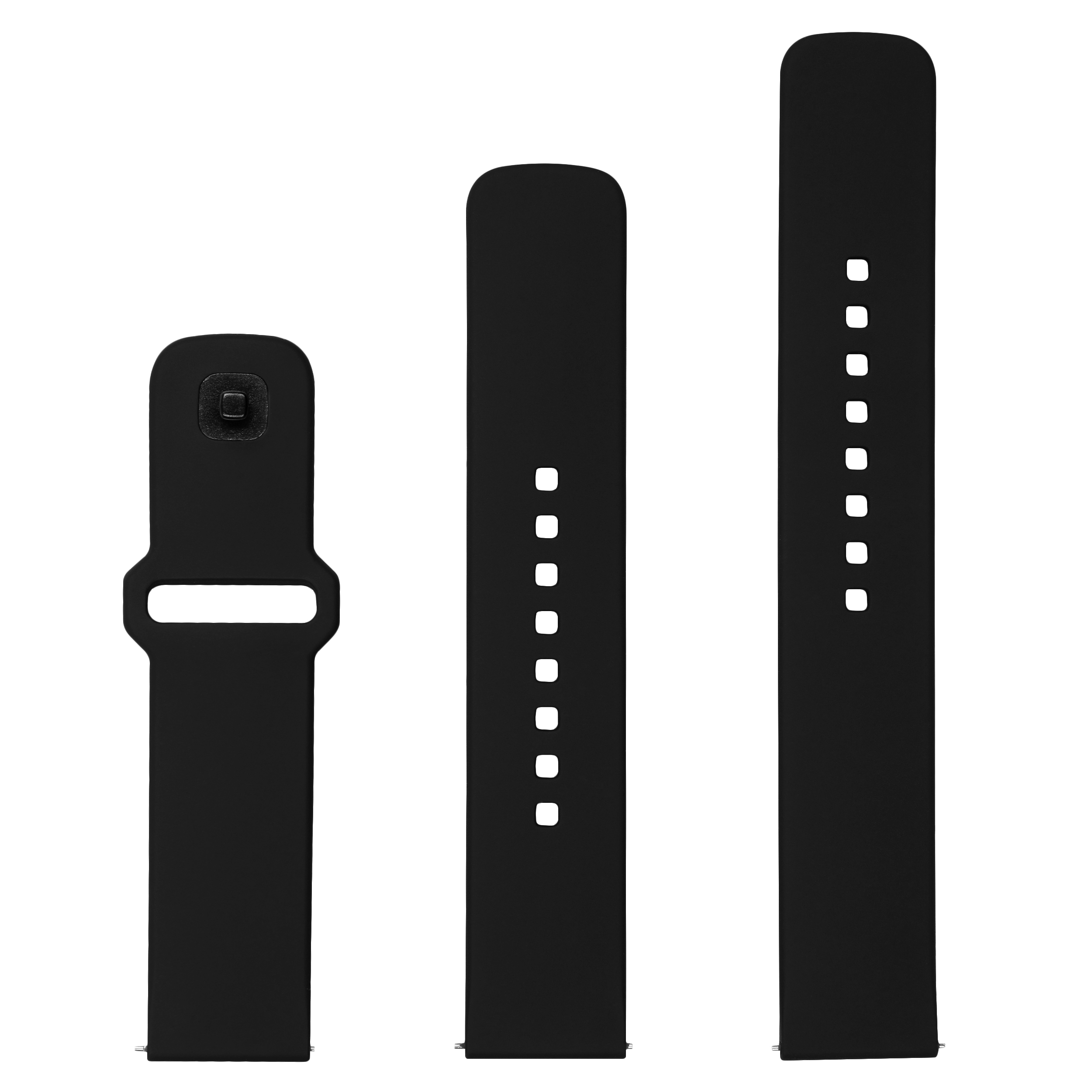 Drei schwarze Silikon-Uhrenarmbandteile, separat vor schlichtem weißem Hintergrund gezeigt.