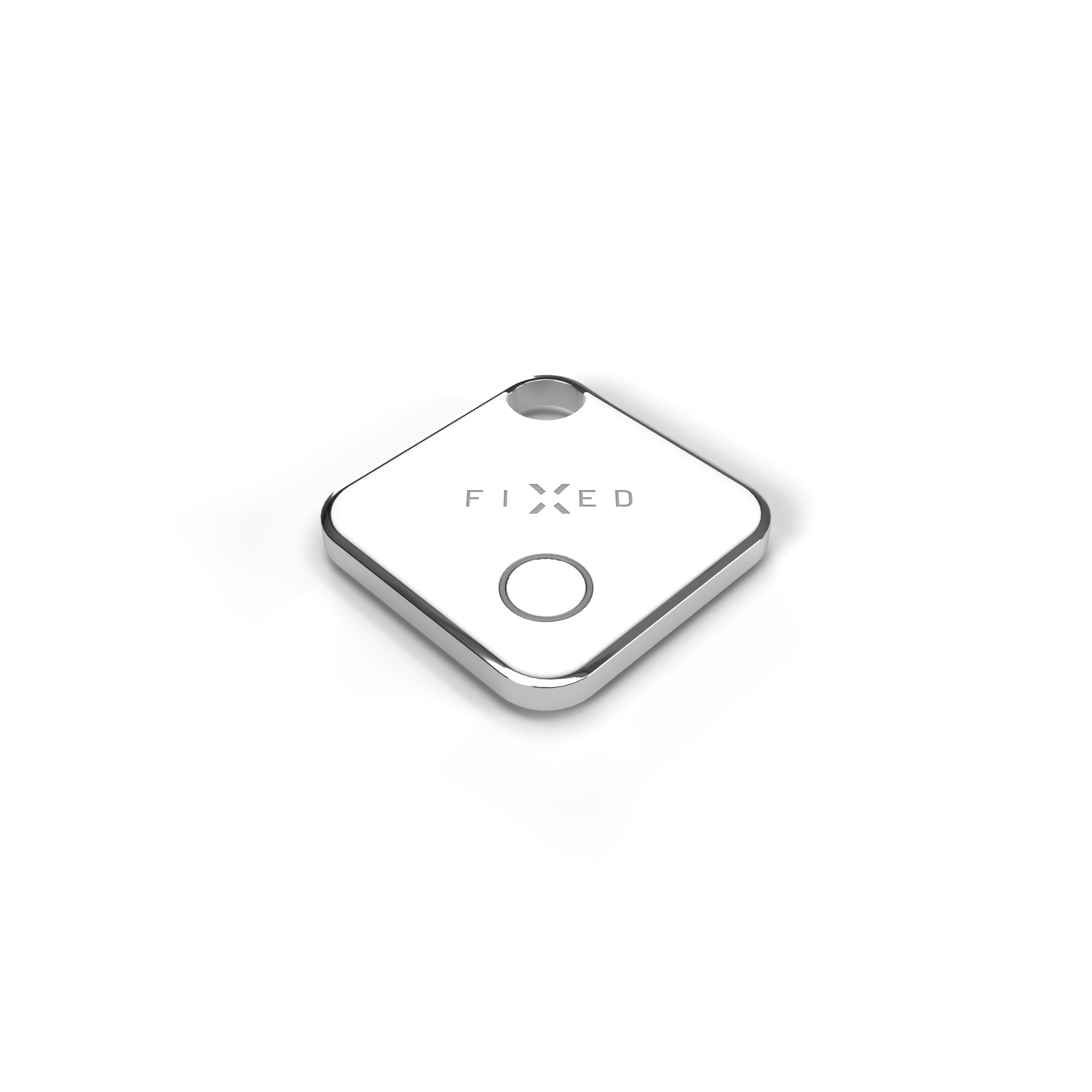 Ein weißer quadratischer Smart Tracker mit silbernem Rand, Öse und runder Taste, beschriftet mit FIXED.