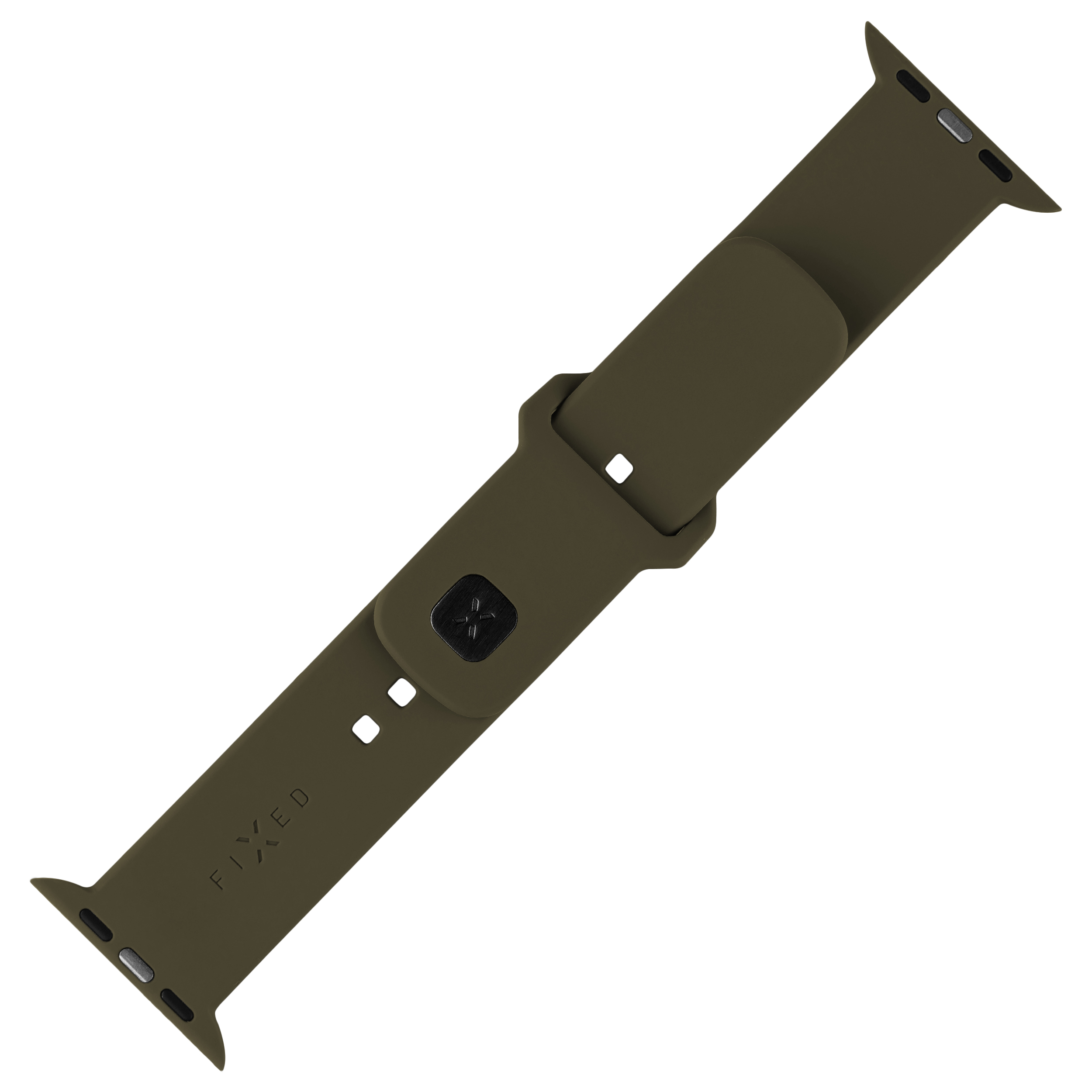 Dunkelgrünes Silikon-Smartwatch-Armband mit schwarzem PIN-Verschluss und FIXED-Logo auf weißem Hintergrund.