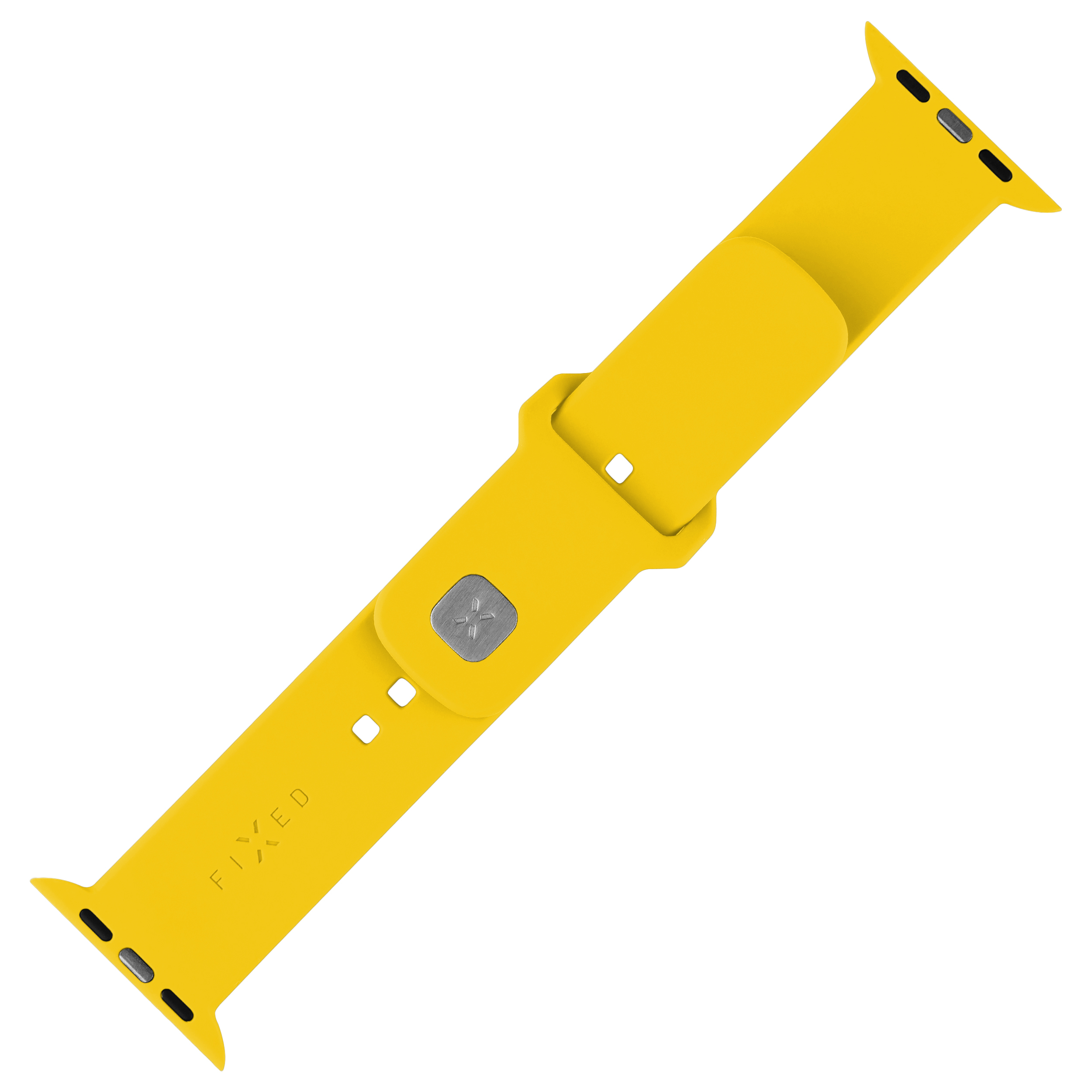 Ein leuchtend gelbes Smartwatch-Armband aus Silikon mit silbernem Metallverschluss und dem FIXED-Logo auf weißem Grund.