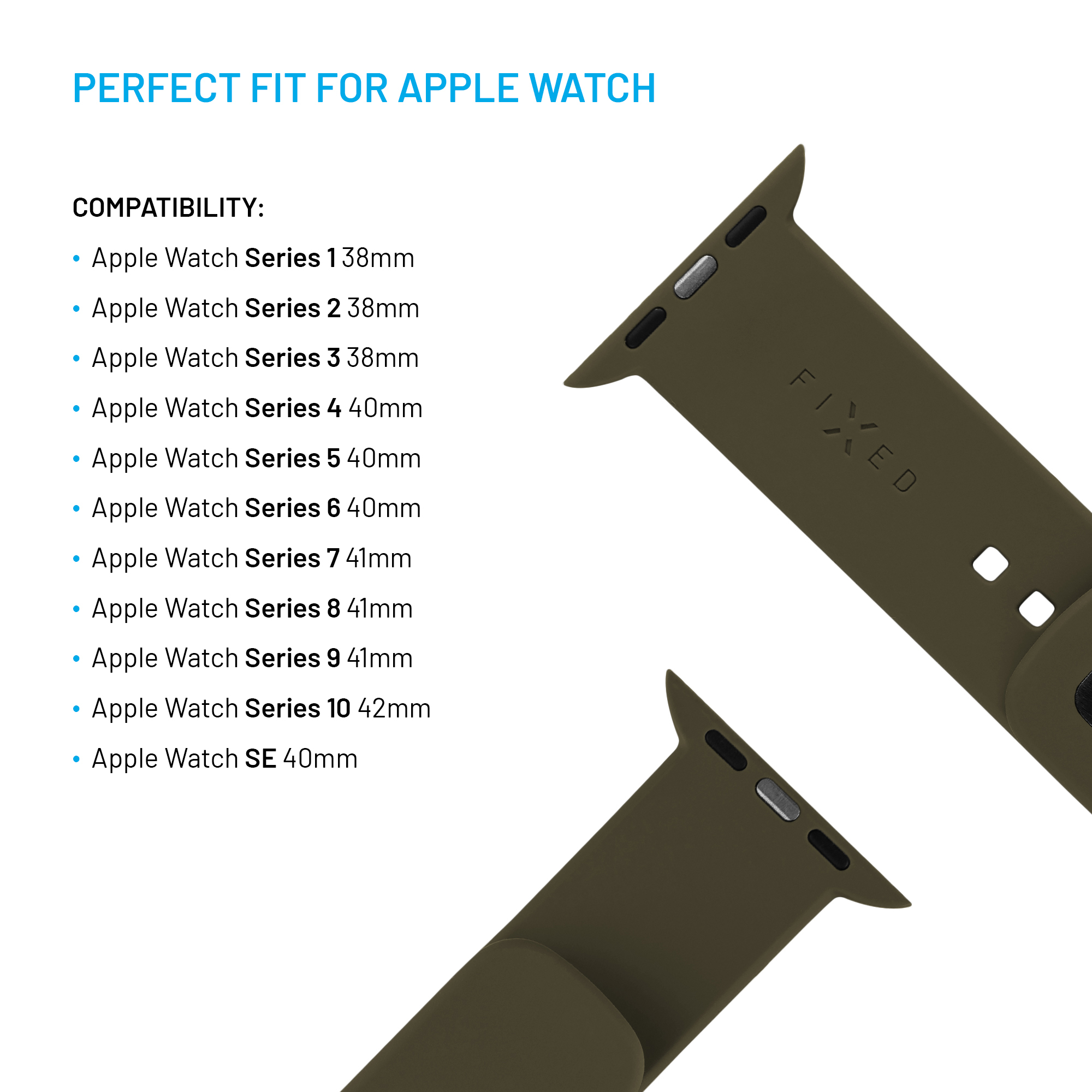 Kompatibilitätsliste für Apple Watch und zwei olivgrüne Silikonbänder auf weißem Hintergrund.