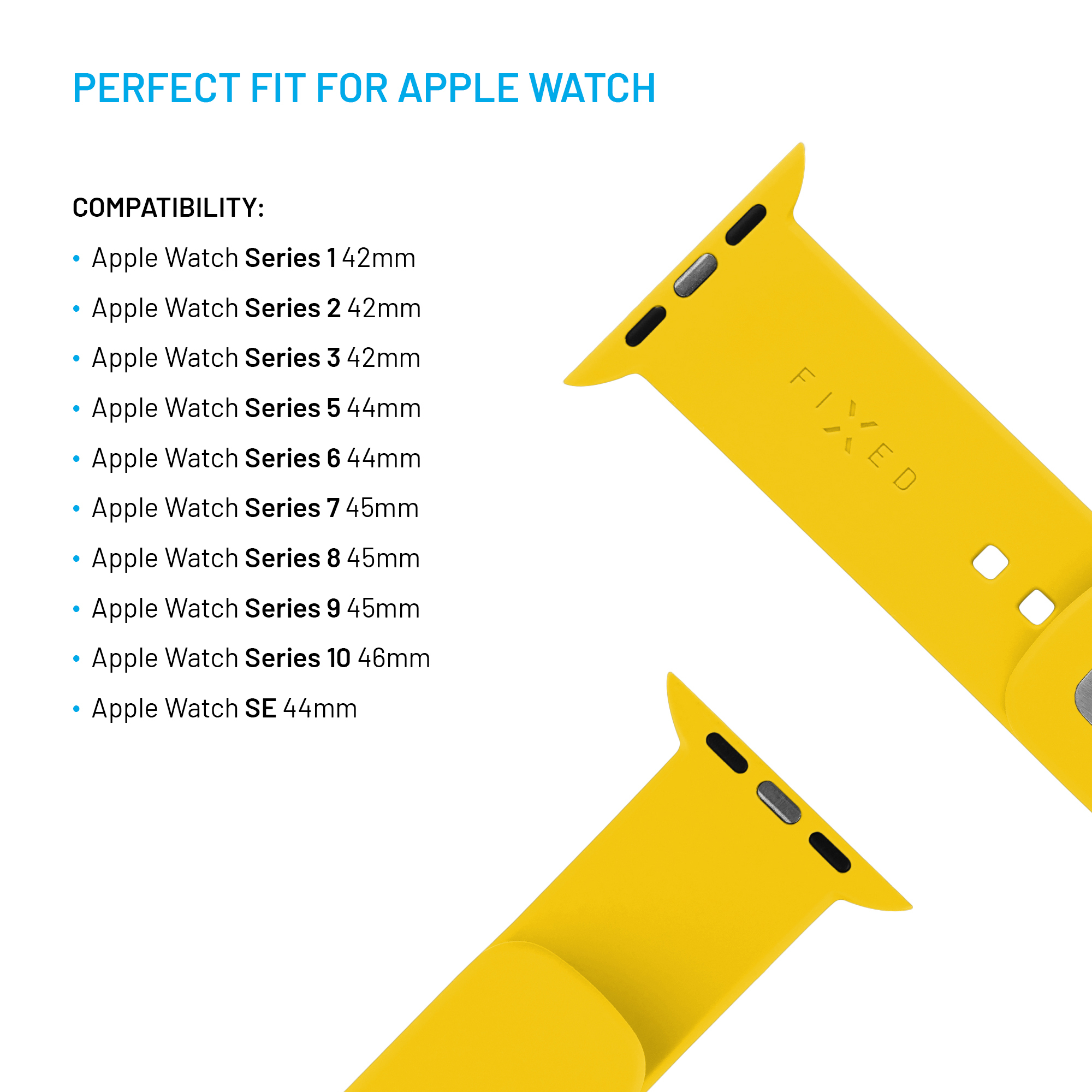Gelbes Apple Watch Armband mit Kompatibilitätsliste für verschiedene Modelle.