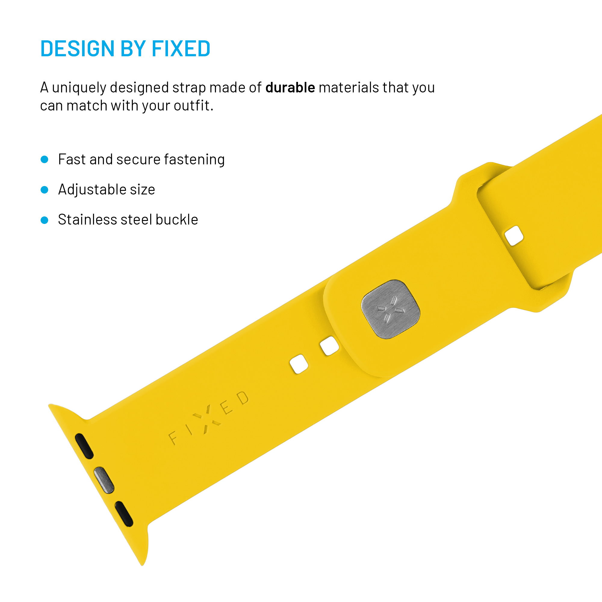 Helles gelbes Smartwatch-Armband mit silberner Schnalle und Textfunktionen links.