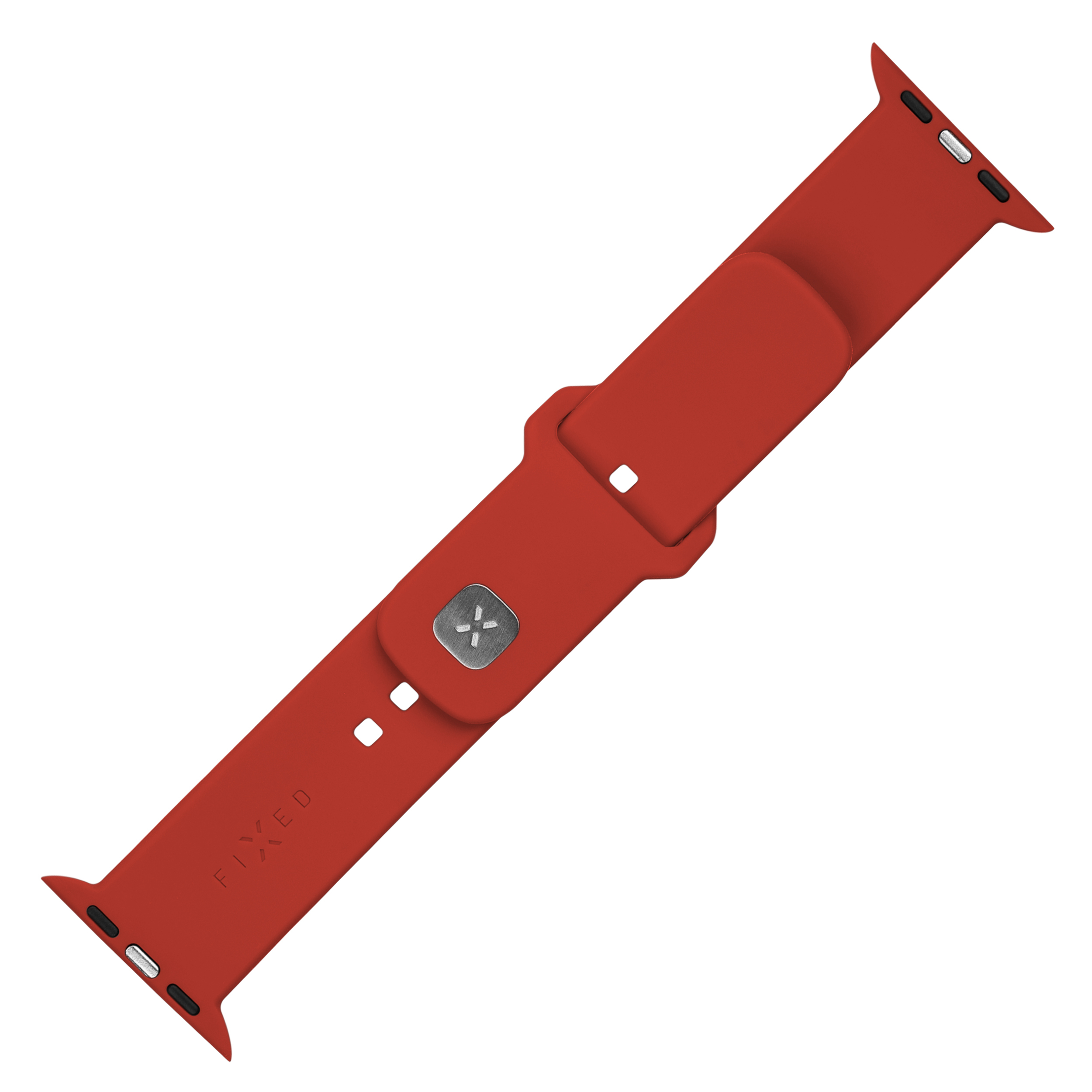 Ein rotes Silikon-Uhrenarmband mit silbernem Metallknopf auf weißem Hintergrund.