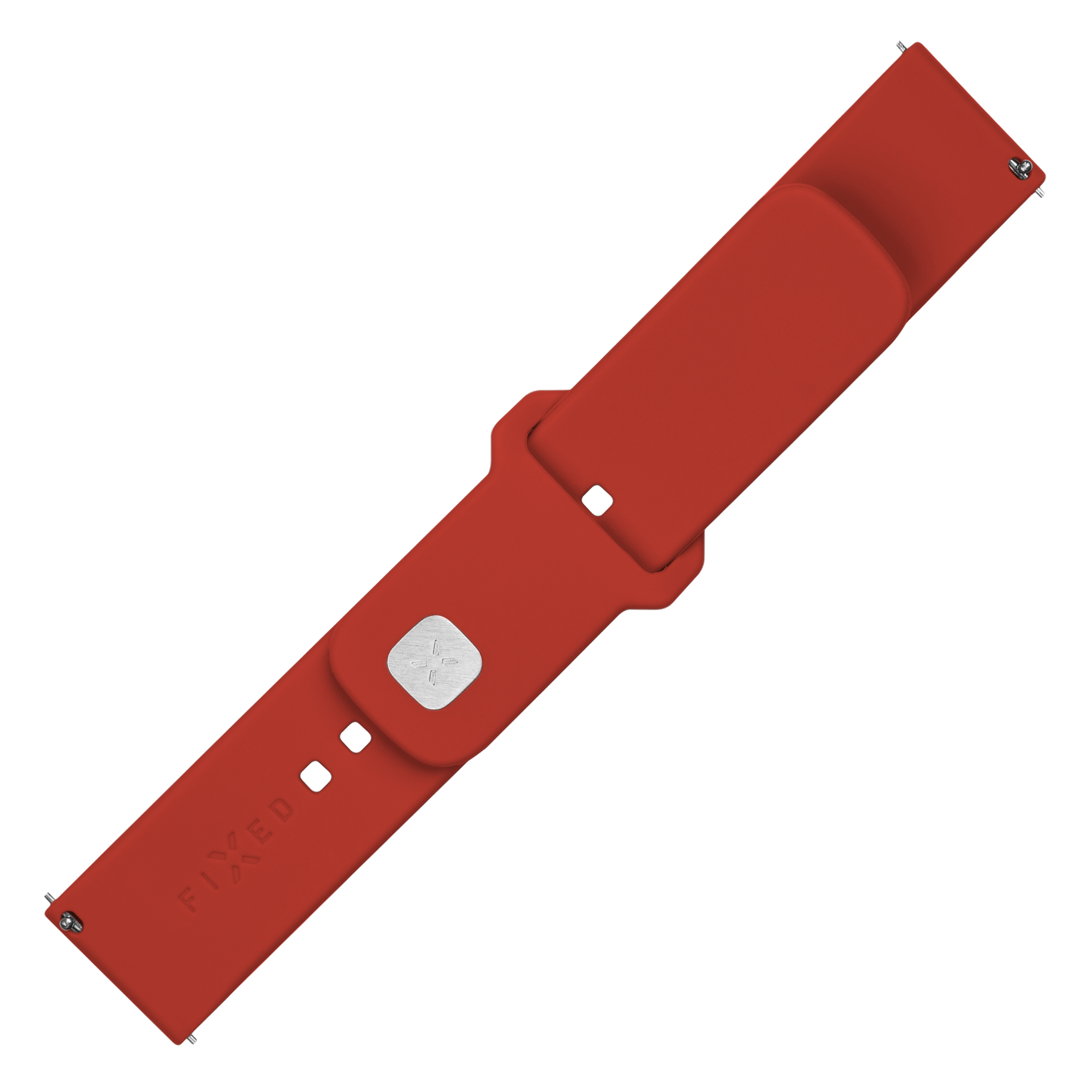 Una correa de reloj de silicona roja con cierre plateado y marca FIXED sobre fondo blanco.