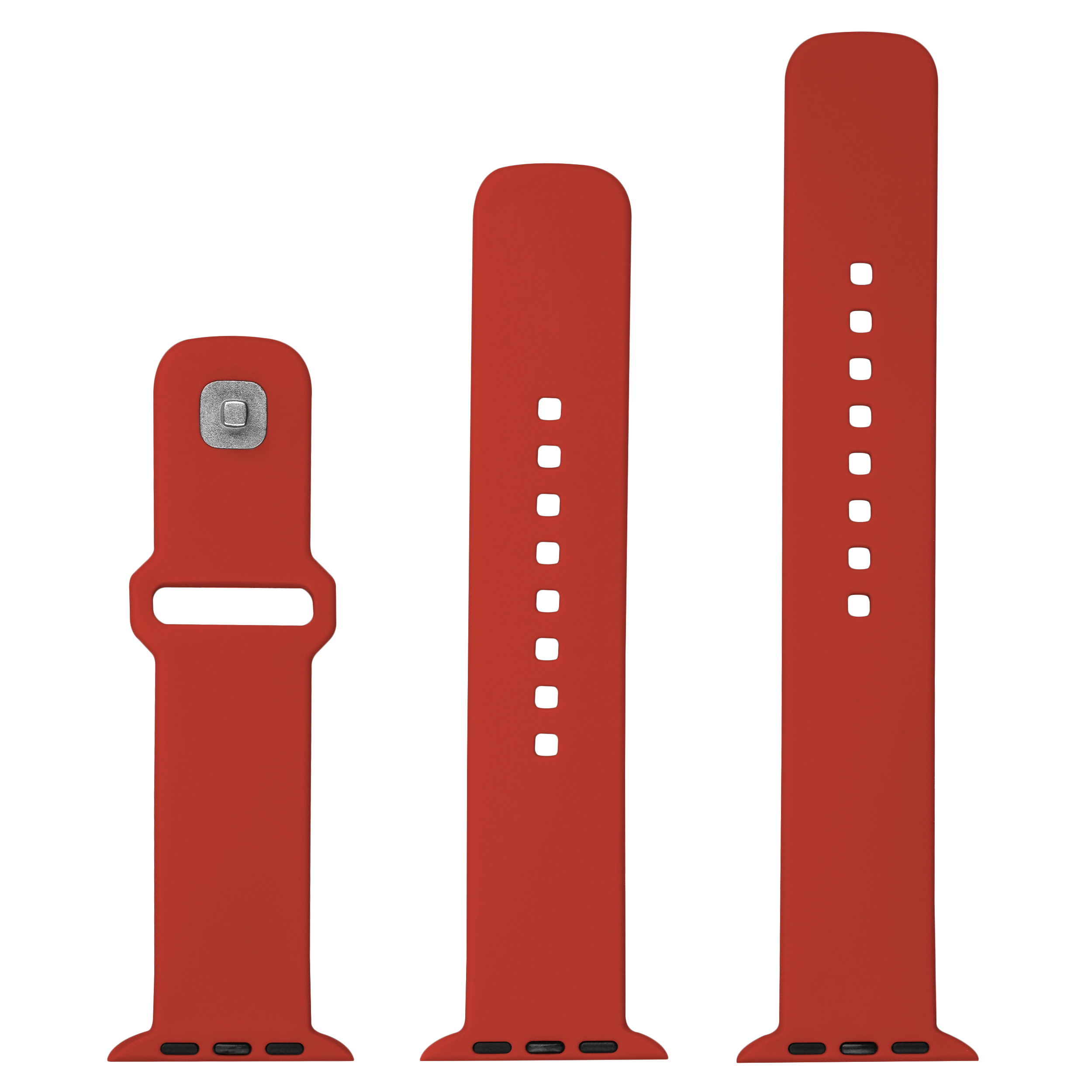 Drei rote Silikon-Smartwatch-Armbänder in verschiedenen Längen auf weißem Hintergrund.