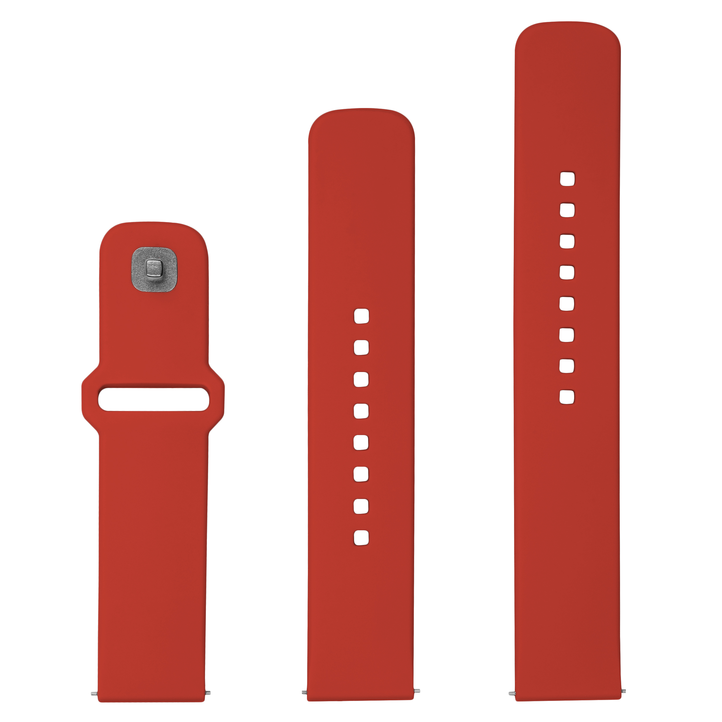 Tres correas de reloj de silicona roja con diferentes longitudes y cierres sobre un fondo blanco.