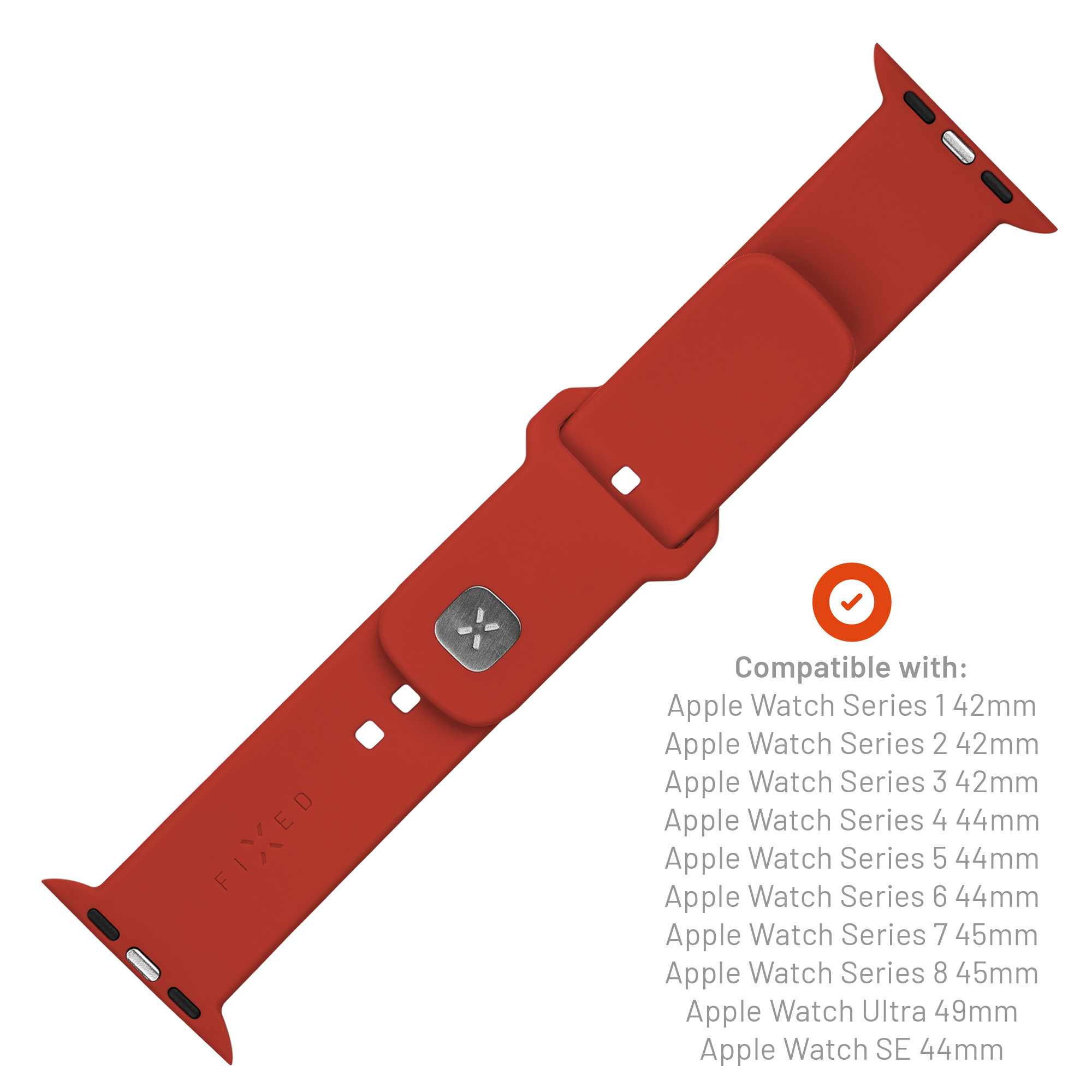 Ein rotes Silikon-Apple-Watch-Armband mit silbernem Verschluss und Kompatibilitätsliste.
