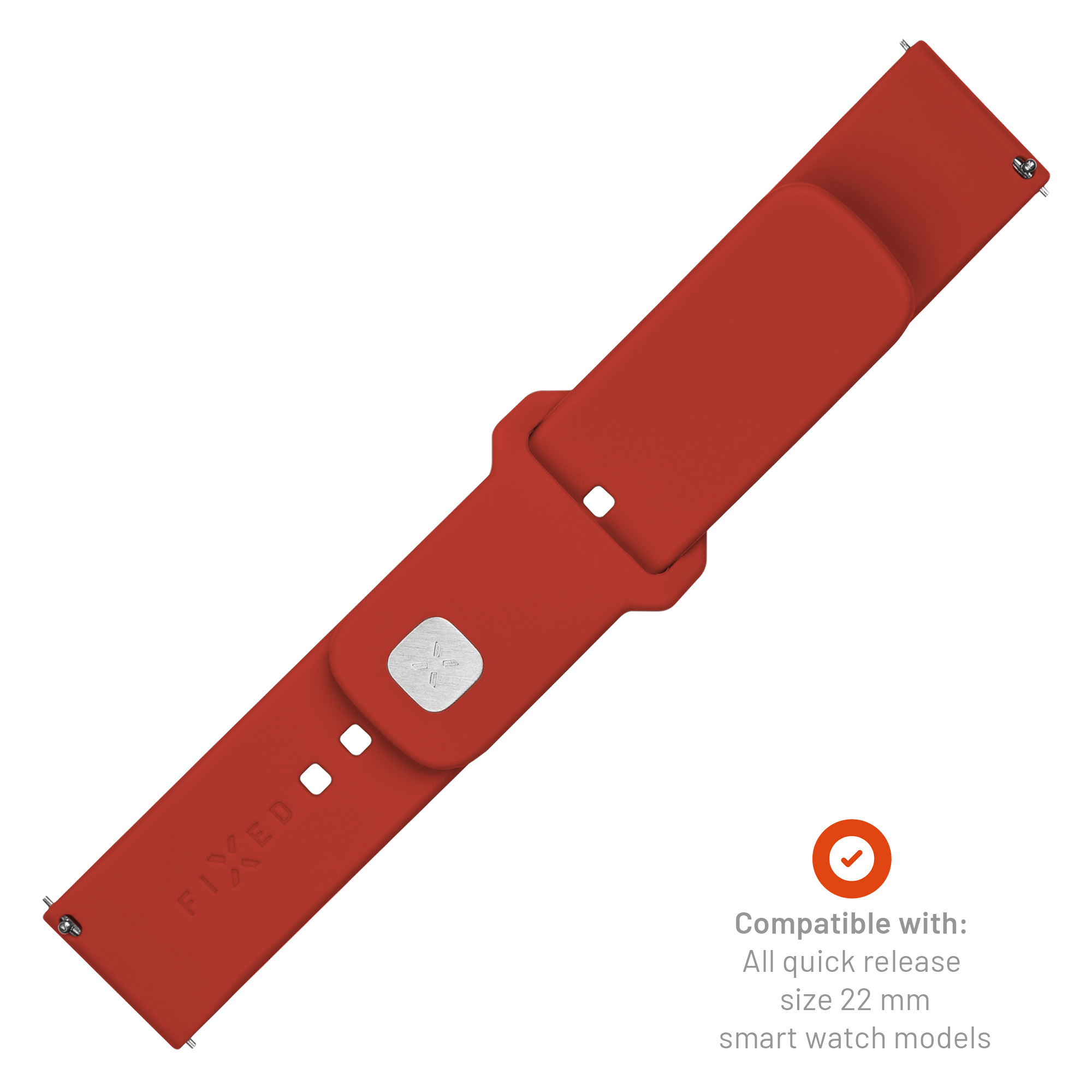 Una correa de reloj inteligente de silicona roja de 22 mm con cierre plateado y texto FIXED.