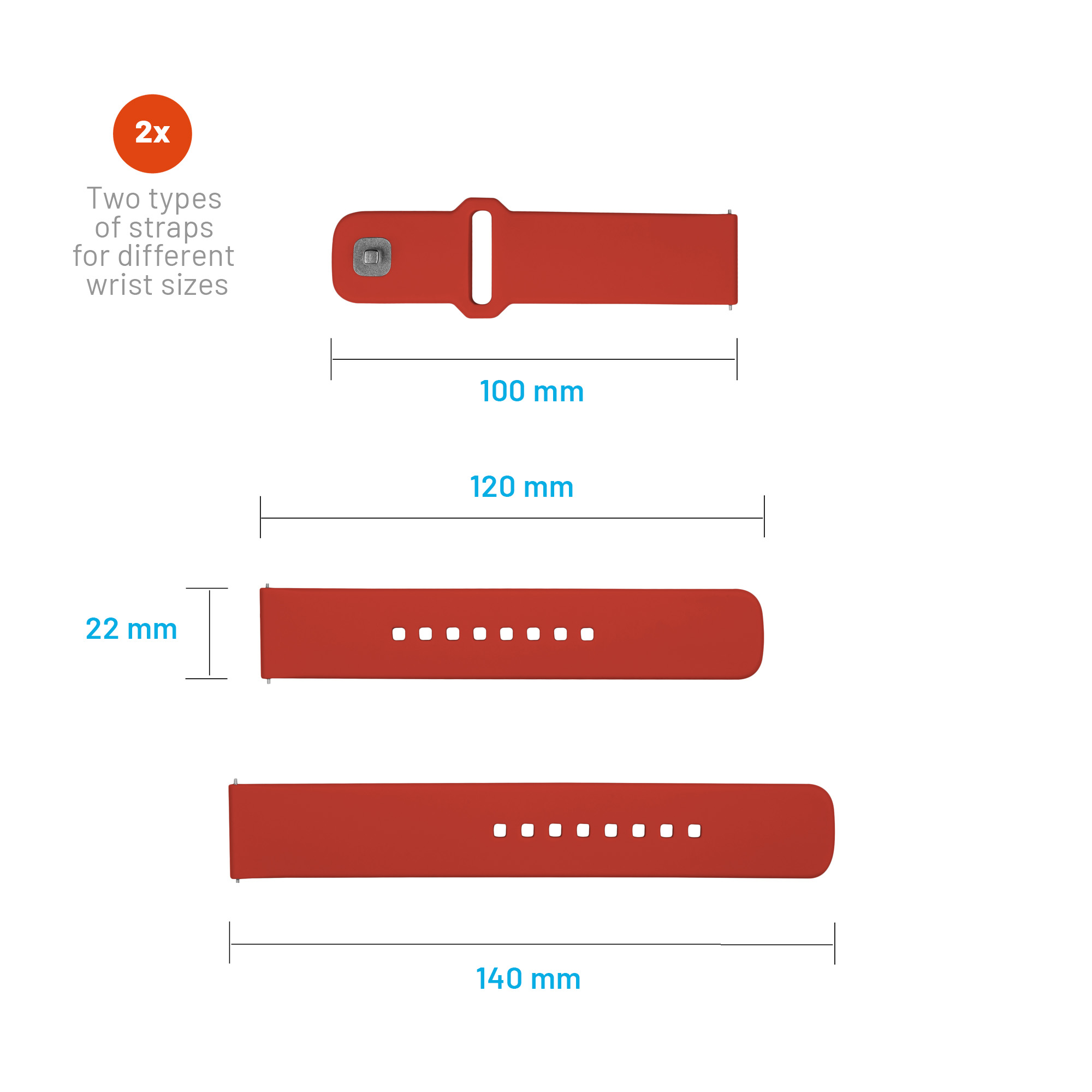 Diagrama muestra dos correas de reloj rojas con dimensiones de 100 mm, 120 mm y 140 mm de largo y 22 mm de ancho.