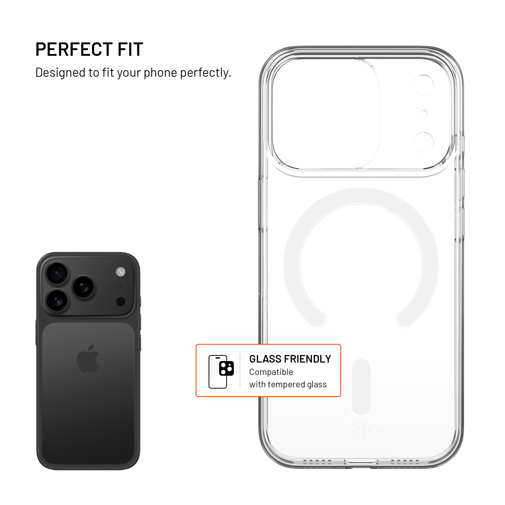 Transparente Handyschutzhülle mit MagSafe-Ring und schwarzem Smartphone daneben.