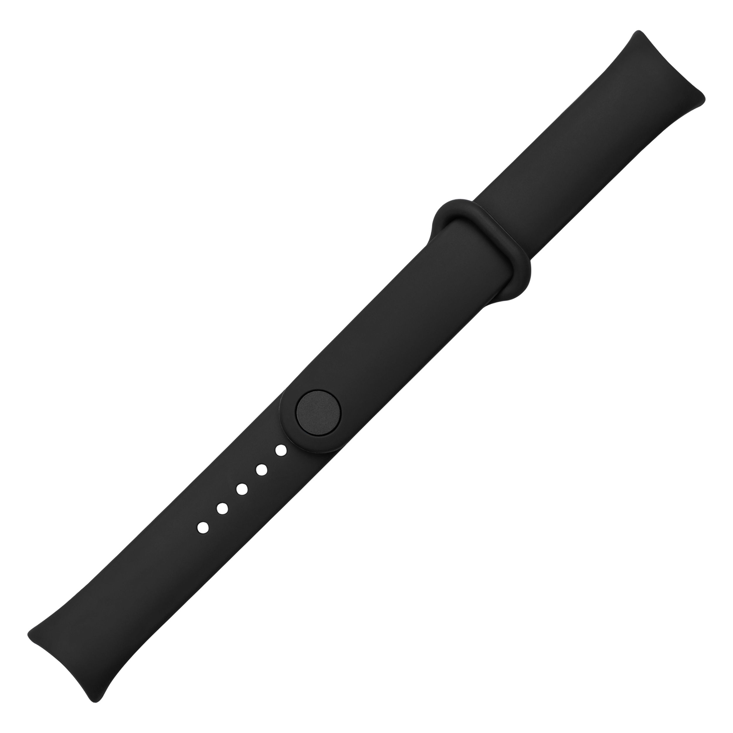 Ein schwarzes Silikon-Smartwatch-Armband mit verstellbaren Löchern vor weißem Hintergrund.
