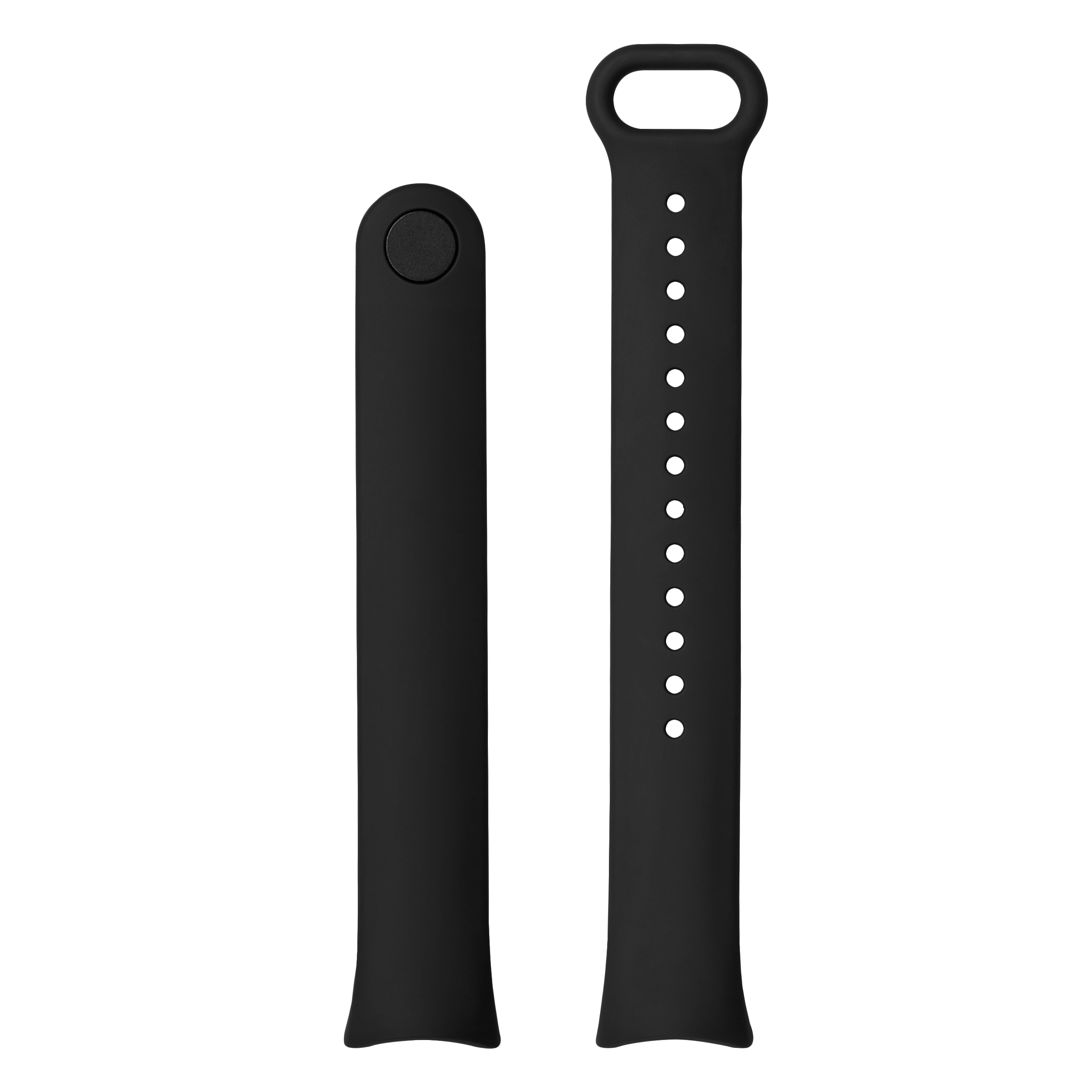 Zwei schwarze Silikon-Uhrenarmbänder vor weißem Hintergrund, eines mit Knopf und eines mit Löchern.