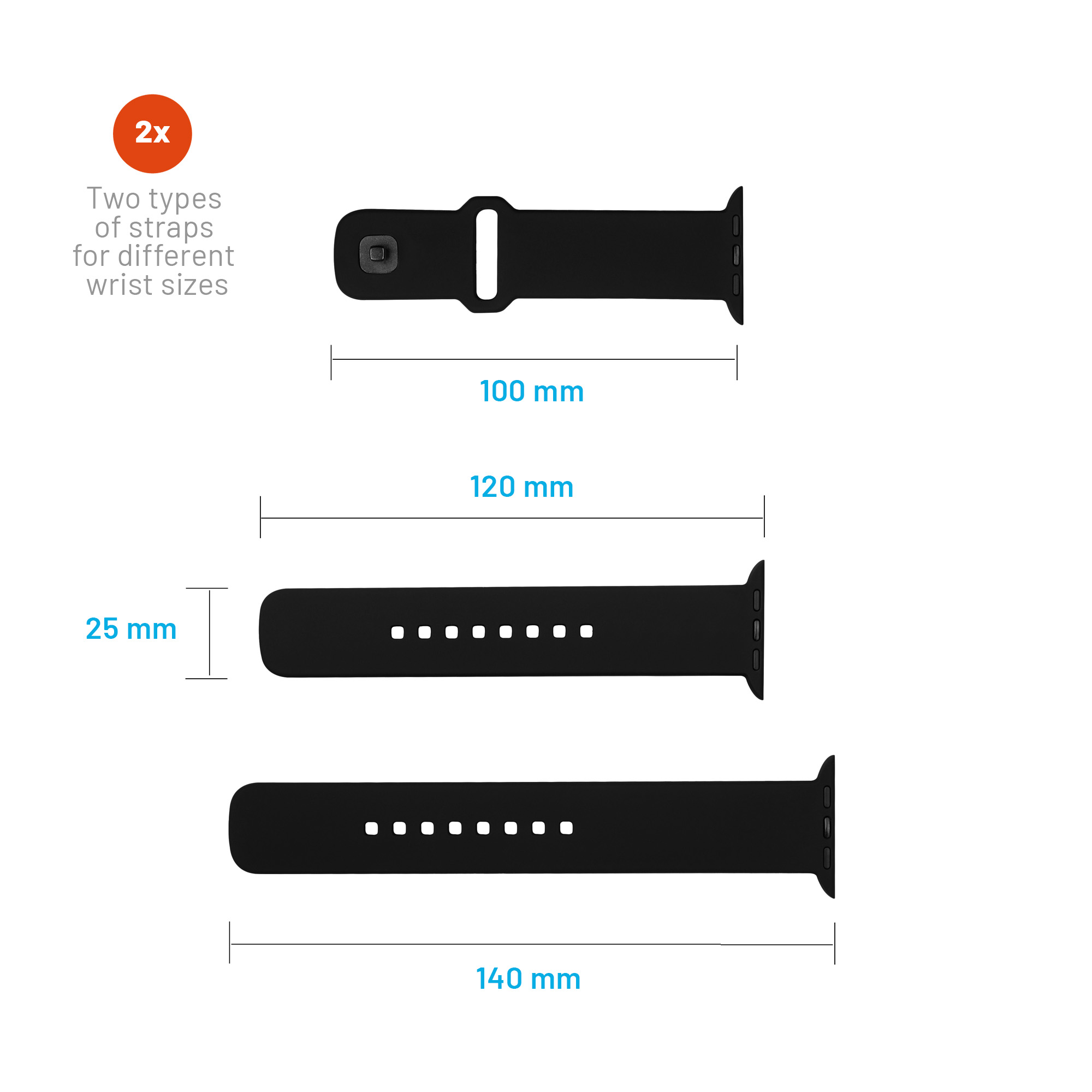 Drei schwarze Smartwatch-Armbänder mit Längen von 100mm, 120mm und 140mm sowie einer Breite von 25mm.