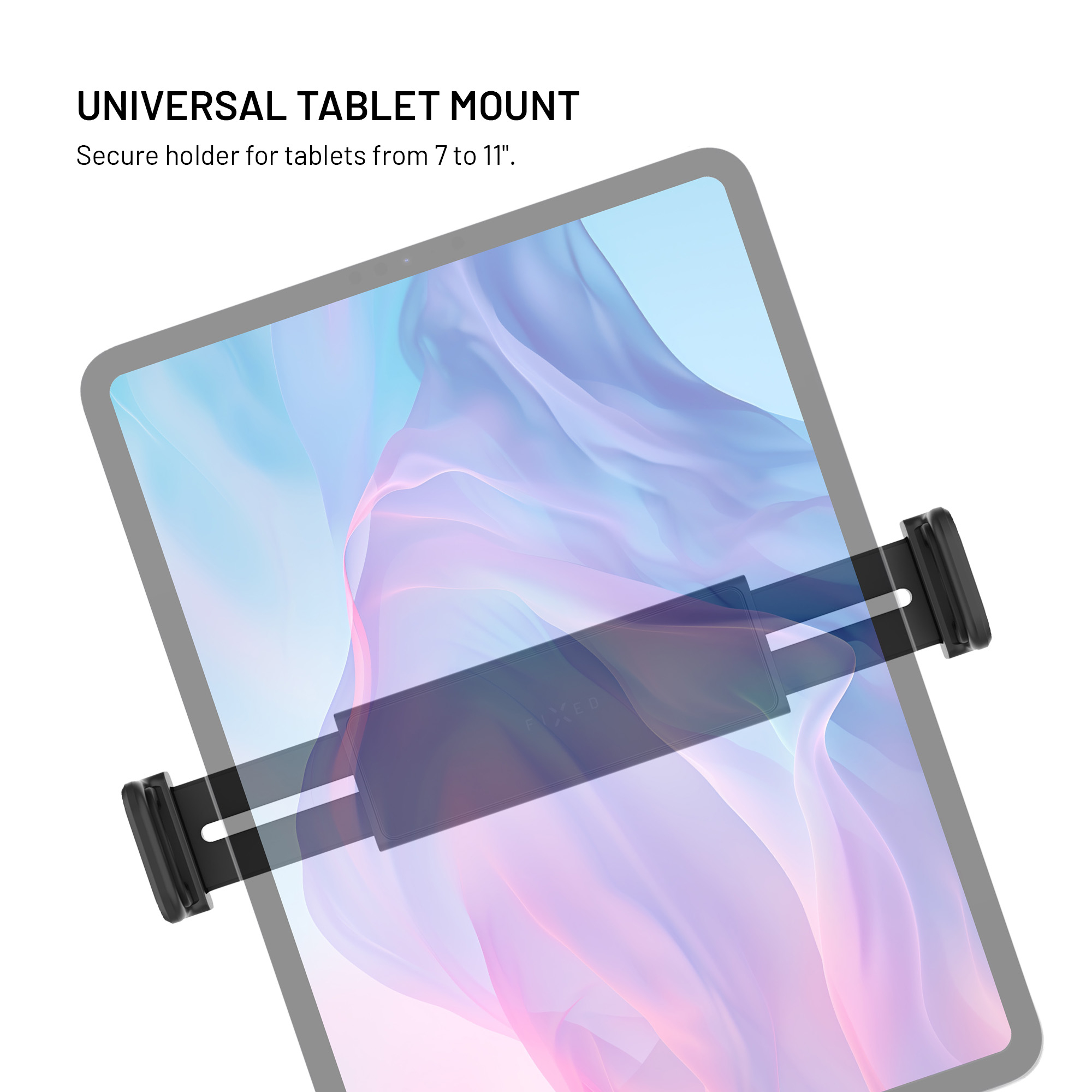 Eine universelle schwarze Tablet-Halterung hält ein Tablet mit blau-rosa abstrakter Tapete auf weißem Hintergrund.