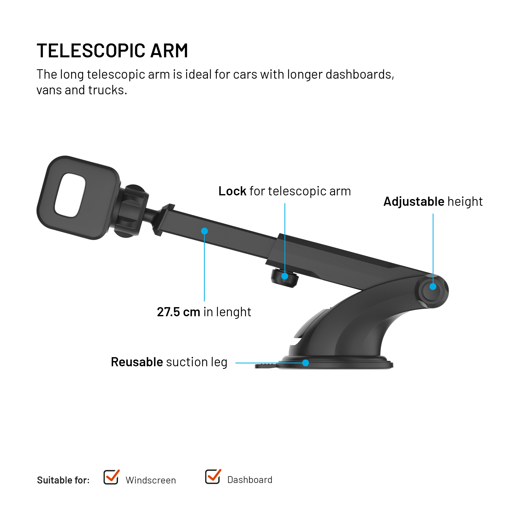 Diagramm einer schwarzen Teleskop-Autohalterung mit Beschriftungen für Länge, Schloss, Höhenverstellung und Saugfuß.
