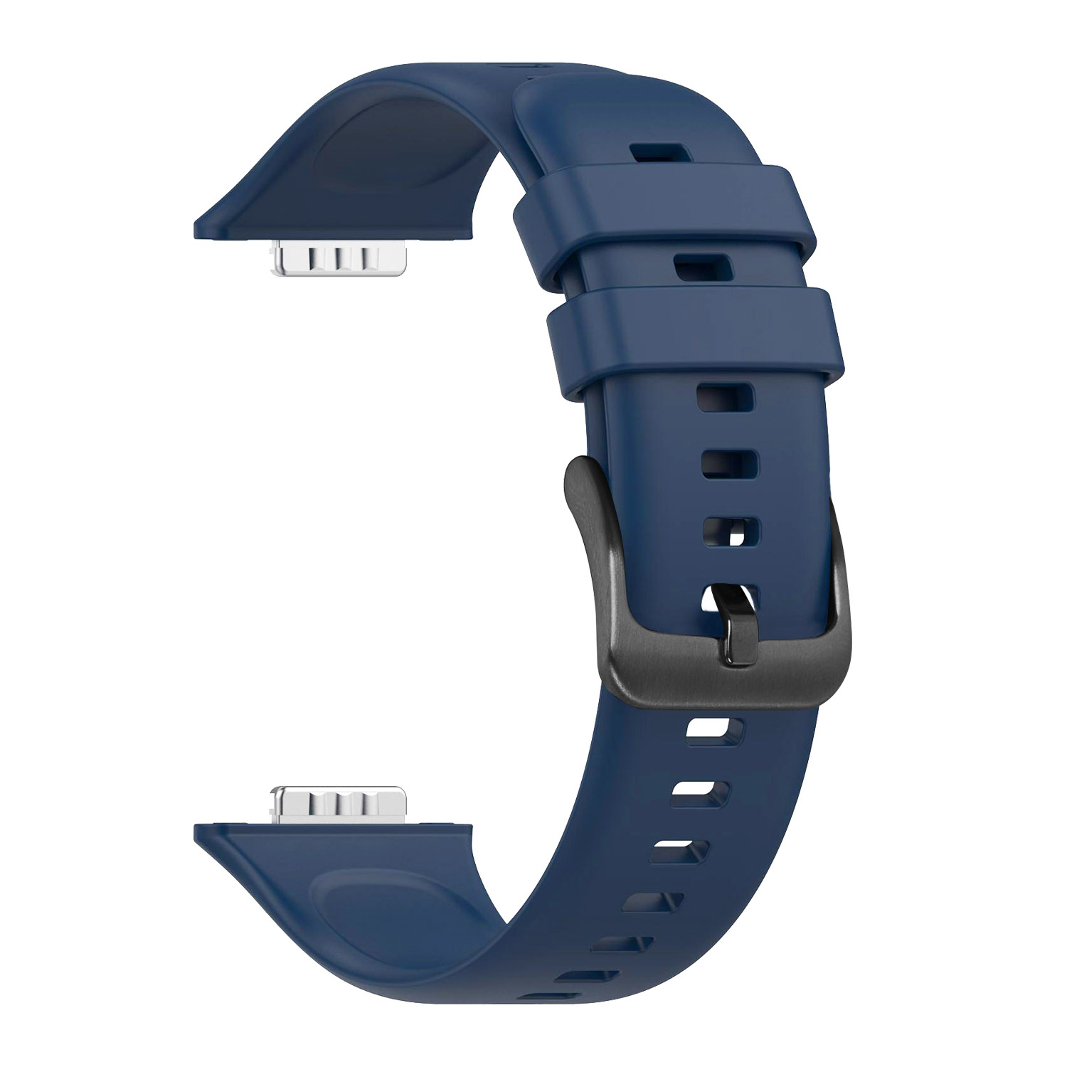 Correa de reloj de silicona azul oscura con hebilla negra y conectores plateados sobre fondo blanco.
