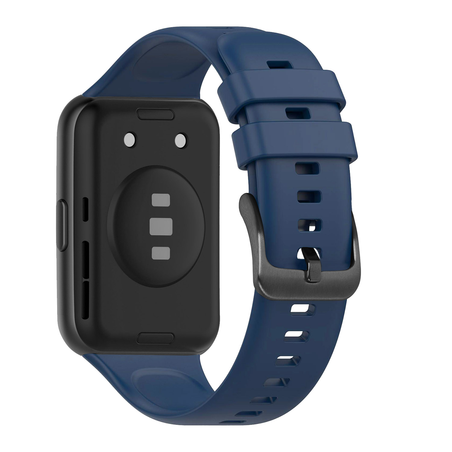 Parte trasera de un reloj inteligente negro con correa de silicona azul y hebilla plateada sobre fondo blanco.