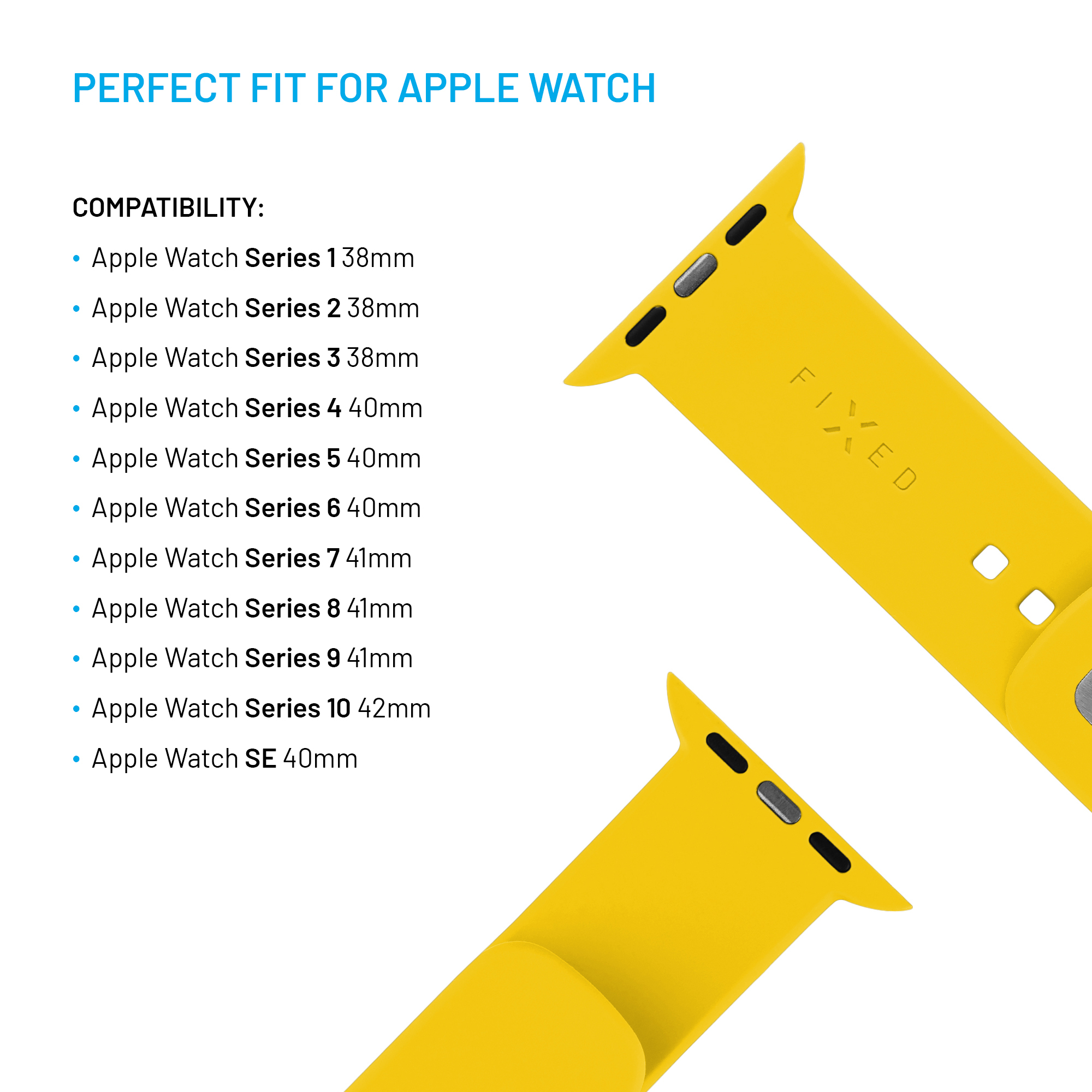 Gelbes Apple Watch Armband mit Kompatibilitätsliste für verschiedene Serien von 38mm bis 42mm.