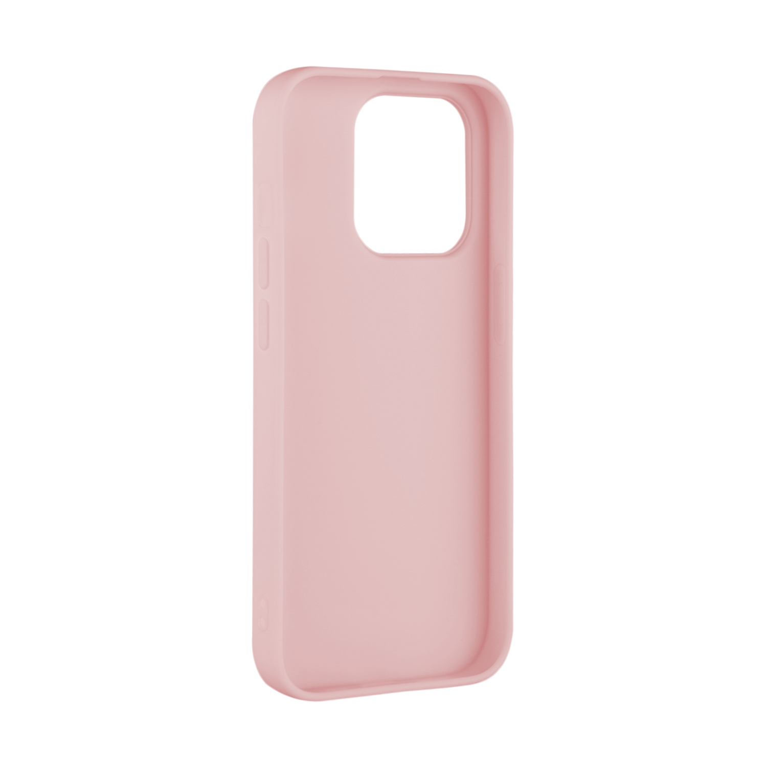 Eine einfarbige rosa Handyhülle aus Silikon mit Ausschnitten für Kamera und Tasten vor weißem Hintergrund.