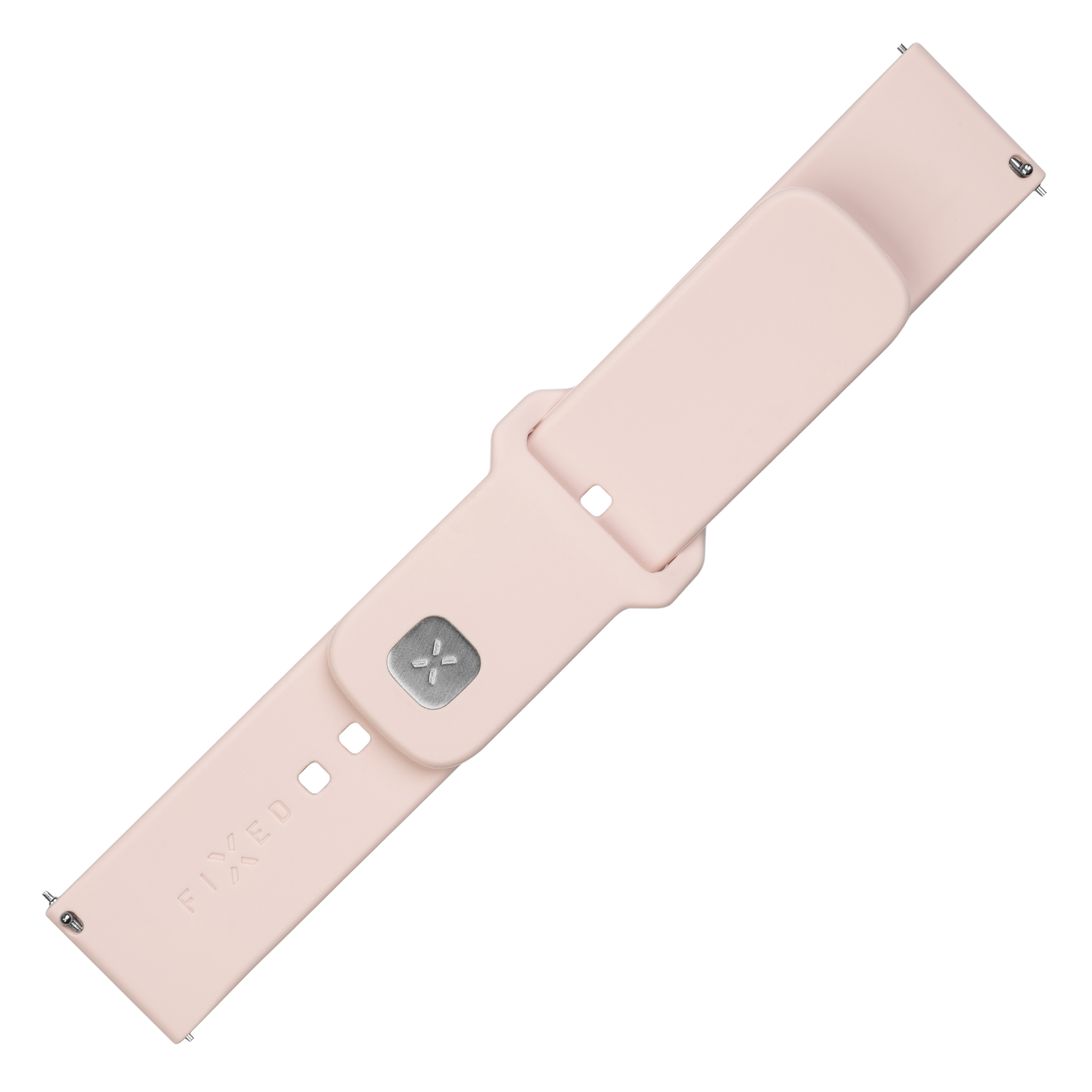 Ein hellrosa Silikon-Uhrenarmband mit silberner Schließe und geprägtem FIXED-Logo, isoliert auf weißem Hintergrund.