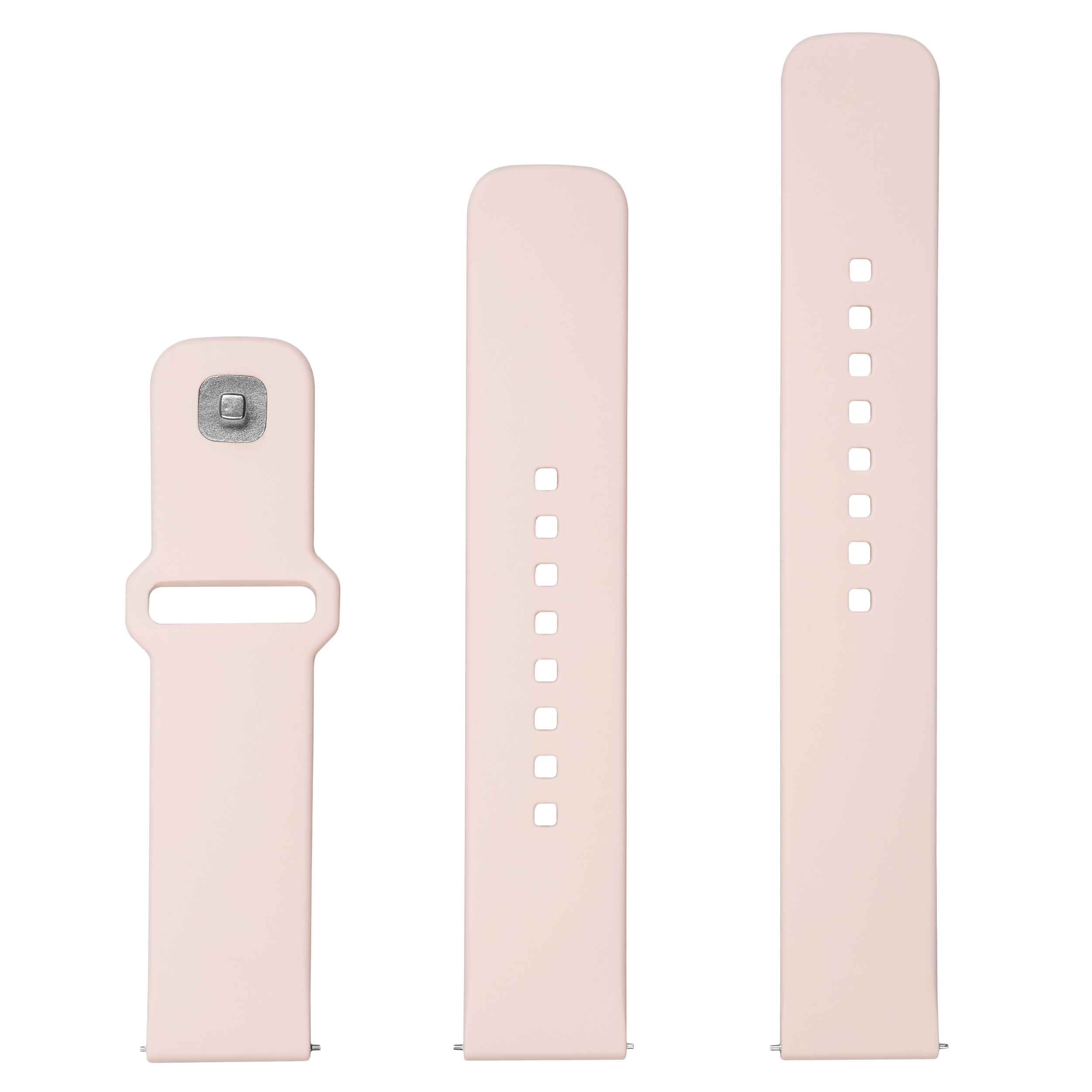 Drei pinke Silikon-Smartwatch-Armbänder in verschiedenen Längen auf weißem Hintergrund.