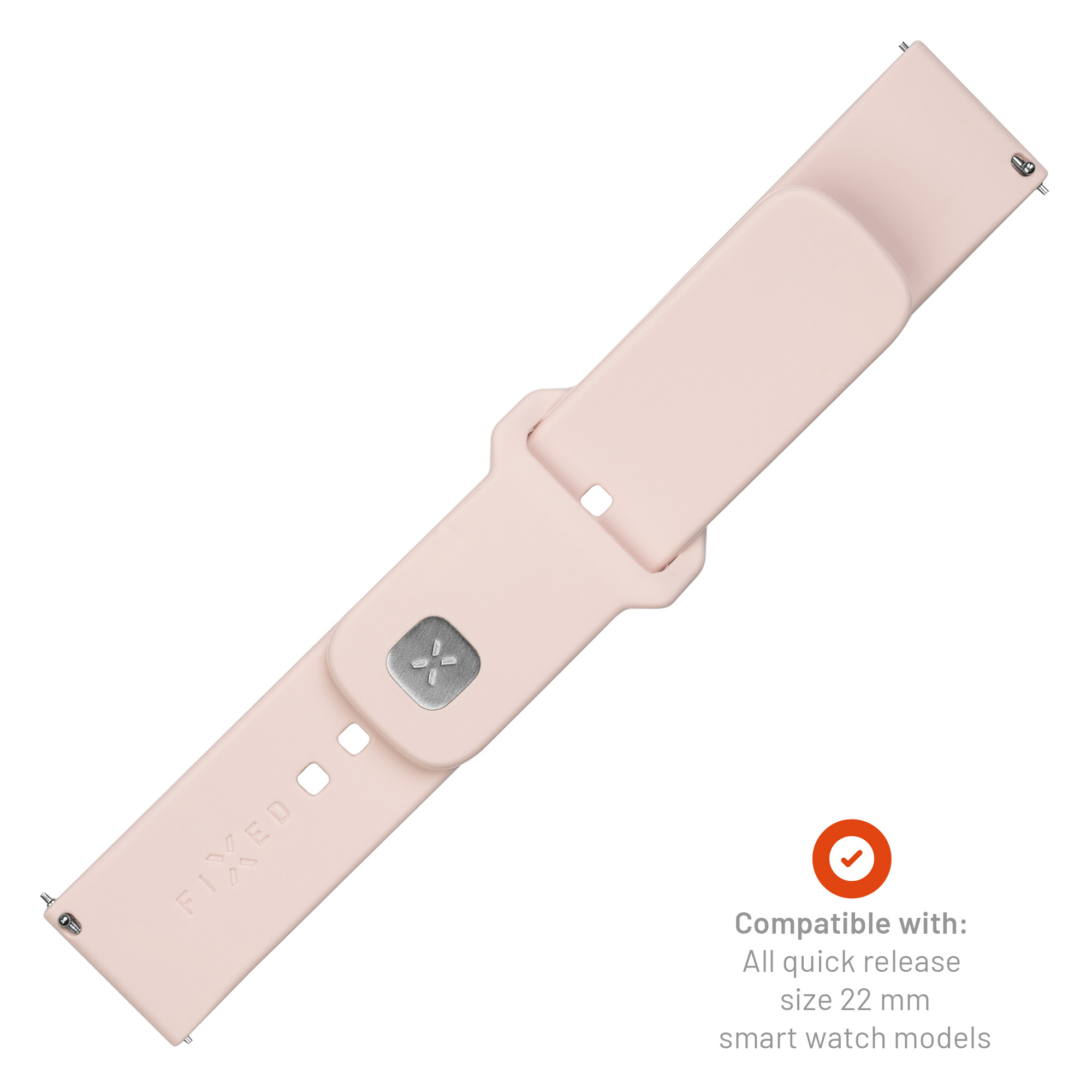 Ein rosafarbenes Silikon-Uhrenarmband mit silberner Schließe und Text zur Kompatibilität.