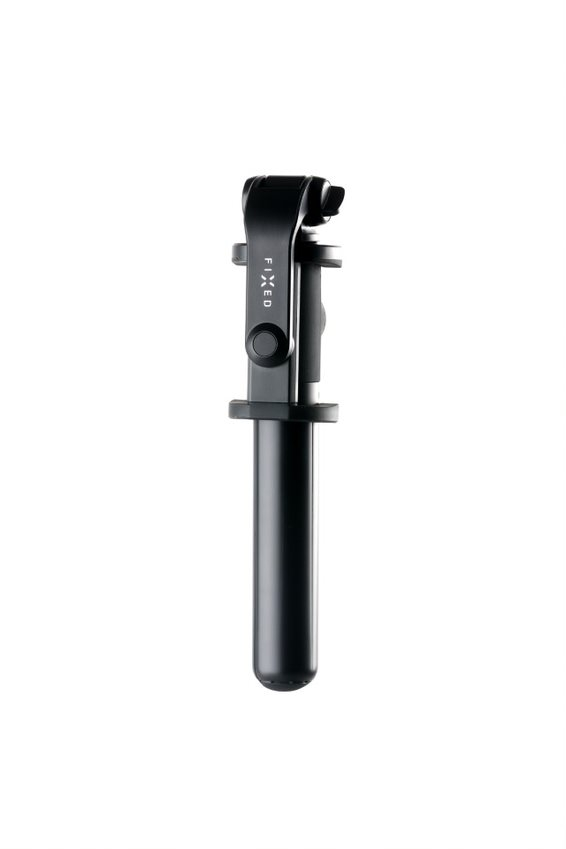 Ein kompakter schwarzer Selfie-Stick mit der Aufschrift FIXED auf einem weißen Hintergrund.