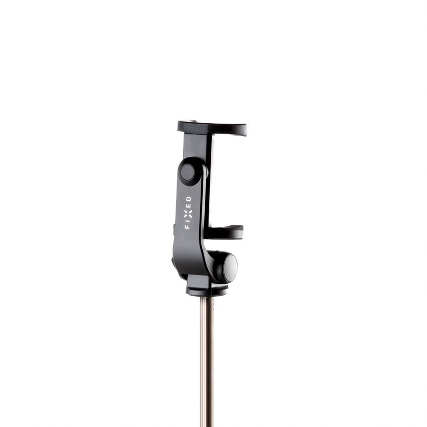 Ein schwarzer Smartphone-Halter auf einem Stift aus Metall vor weißem Hintergrund.