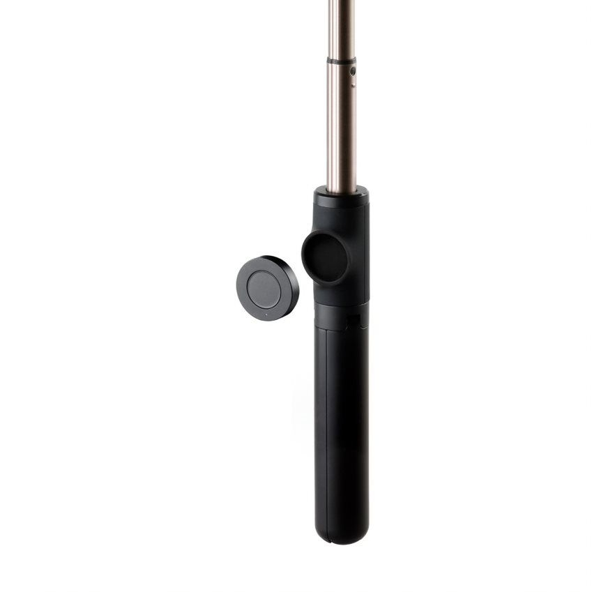 Ein schwarzer Selfie-Stick mit silbernem Mast und einer separaten runden Fernbedienung auf weißem Hintergrund.