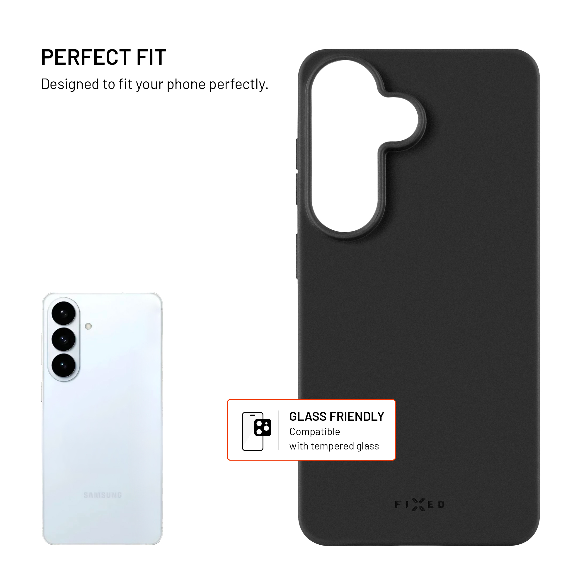 Schwarze Schutzhülle mit passgenauen Aussparungen und weißes Samsung-Smartphone.
