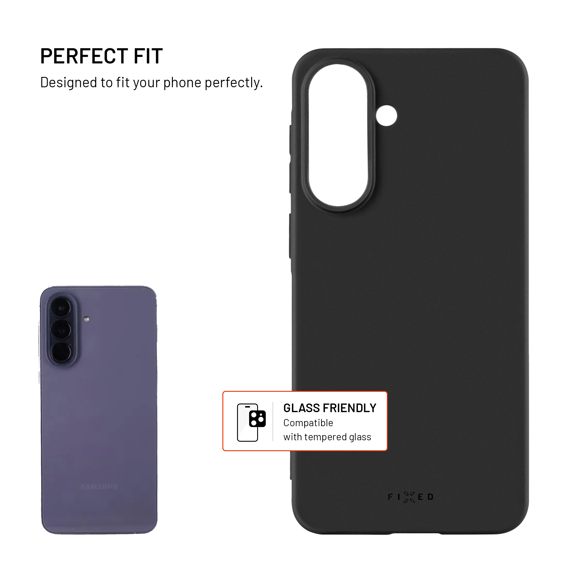 Schwarze Handyhülle neben einem violetten Smartphone mit Text zur perfekten Passform.