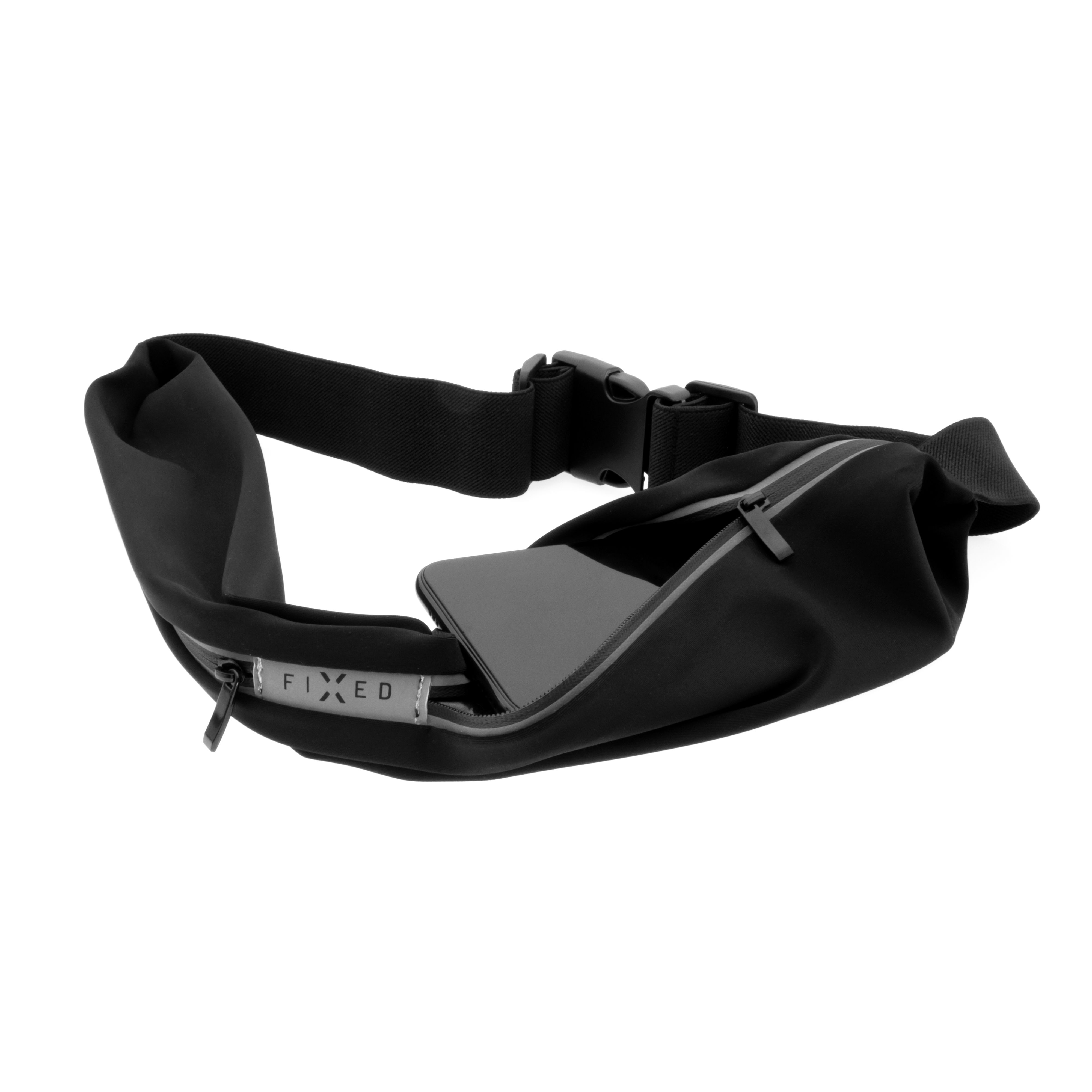 Eine schwarze FIXD Bauchtasche mit einem offenen Reißverschluss, aus dem ein Smartphone herausragt, vor weißem Hintergrund.