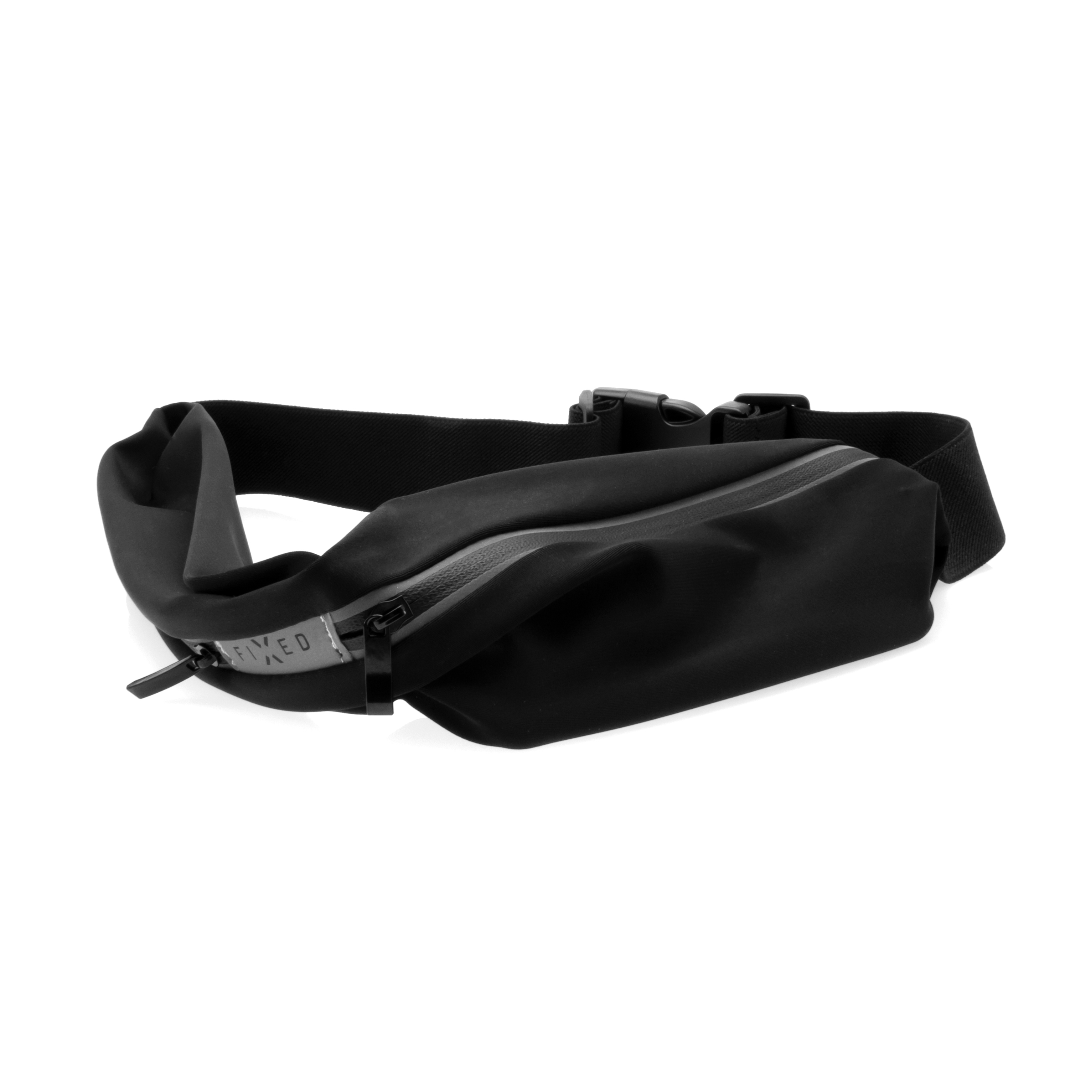 Eine schwarze Bauchtasche mit verstellbarem Gurt, Reißverschlusstasche und grauem Fixed-Logo auf weißem Hintergrund.