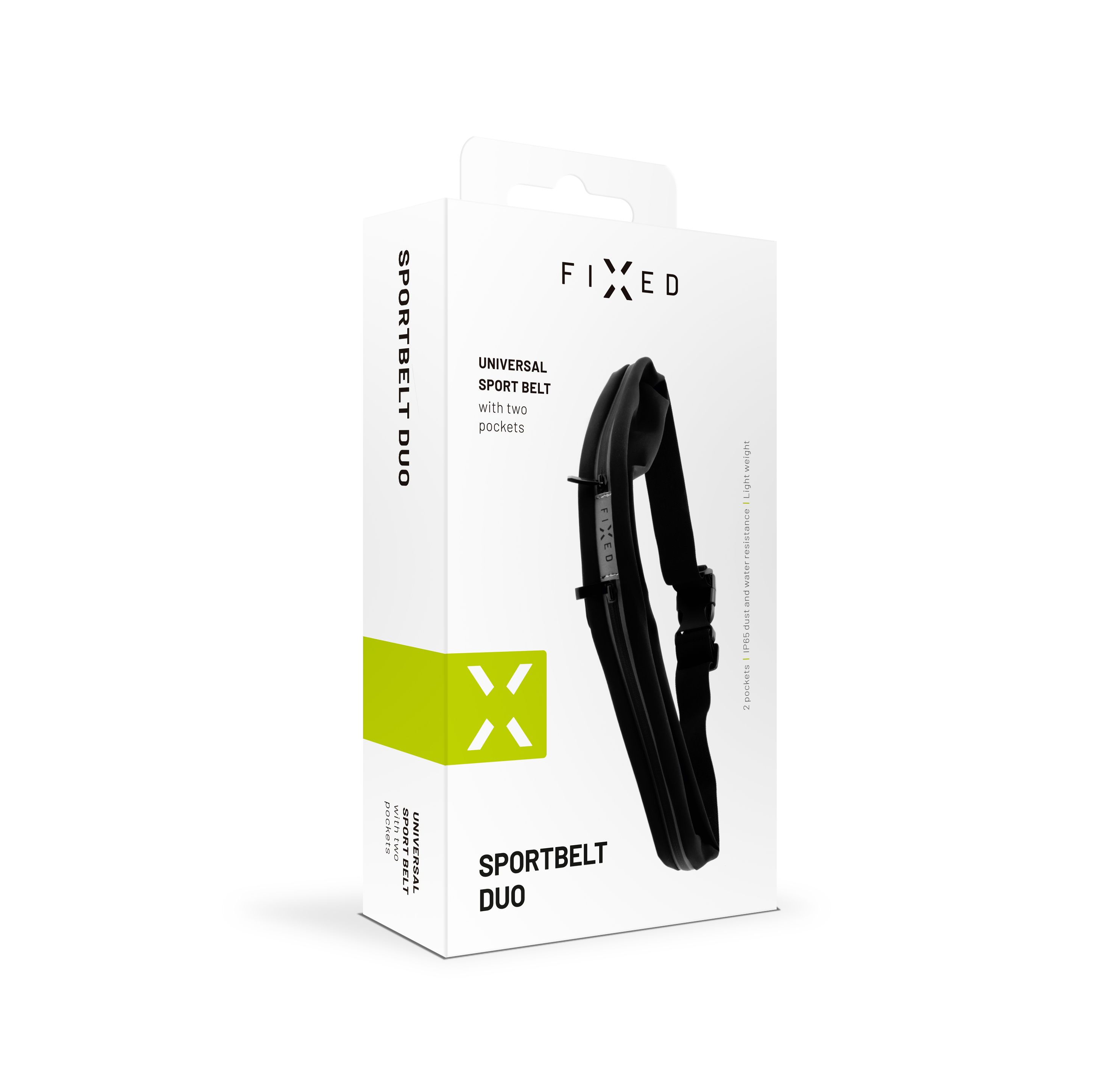 Weiße Produktverpackung für einen schwarzen FIXED Sportgürtel Duo mit zwei Taschen und grünem Akzent.