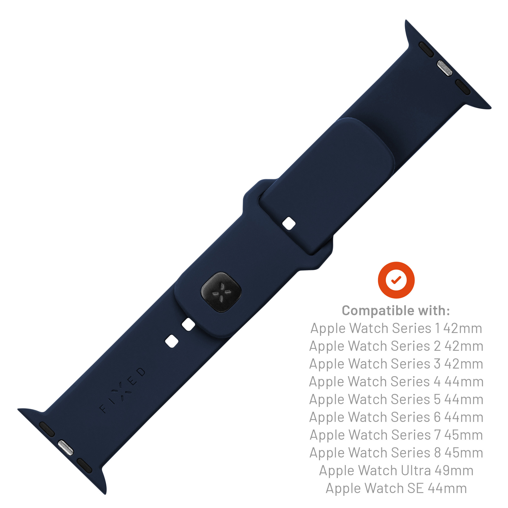 Correa de silicona azul oscura para Apple Watch con cierre de pin y texto de compatibilidad.