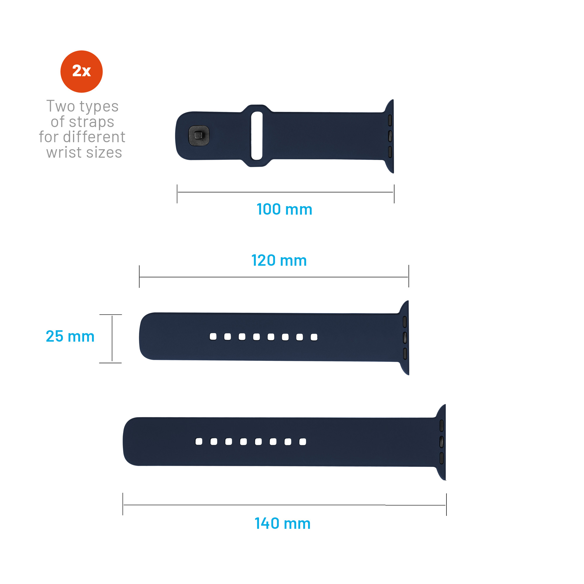 Diagrama que muestra tres correas de reloj de silicona azul oscura con medidas: 100 mm, 120 mm, 140 mm de largo y 25 mm de ancho.