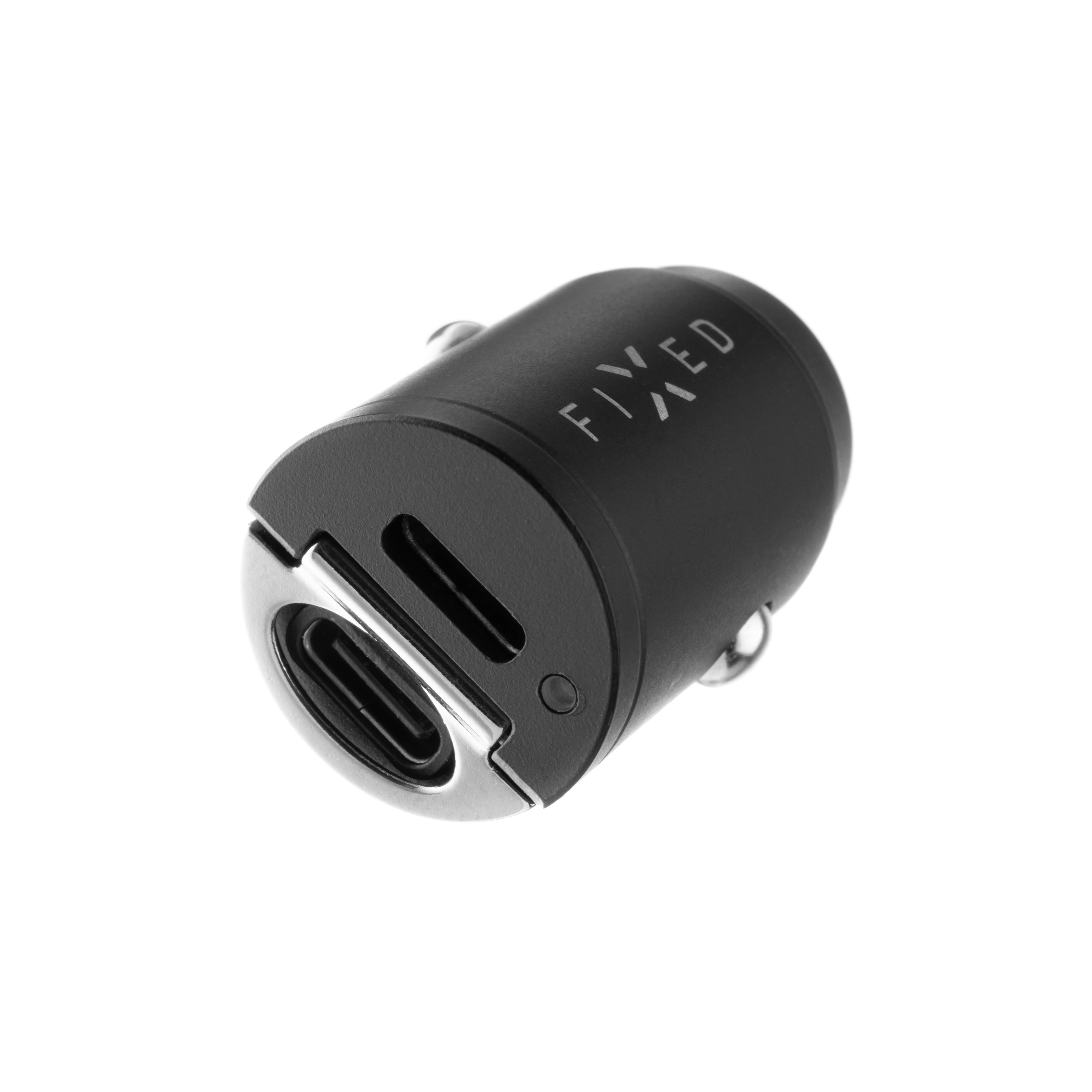 Schwarzes Kfz-Ladegerät mit USB-C und einem weiteren Anschluss, Marke FIXED.