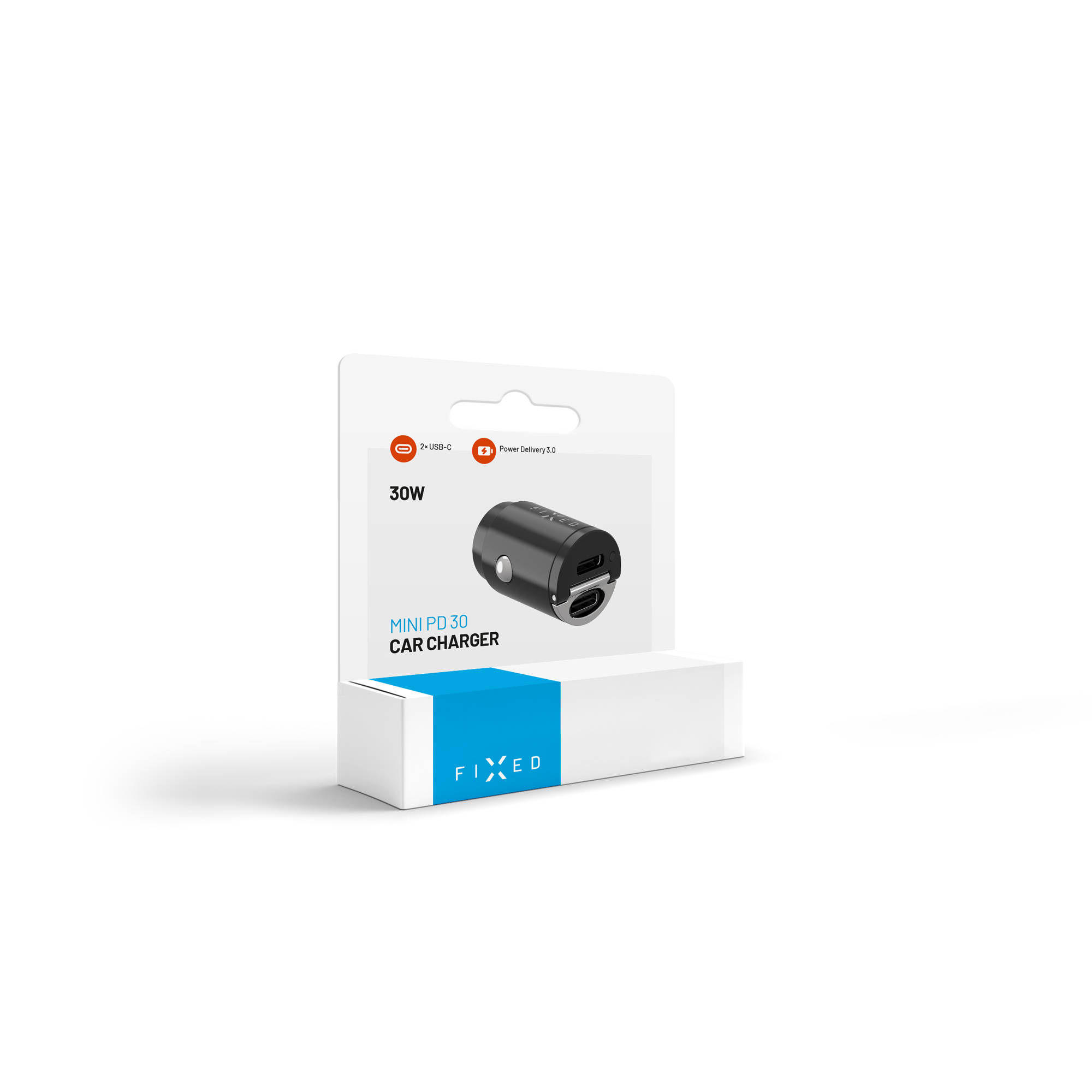 Verpackung für ein FIXED Mini PD 30 Car Charger mit zwei USB-C-Anschlüssen auf weißem Hintergrund.