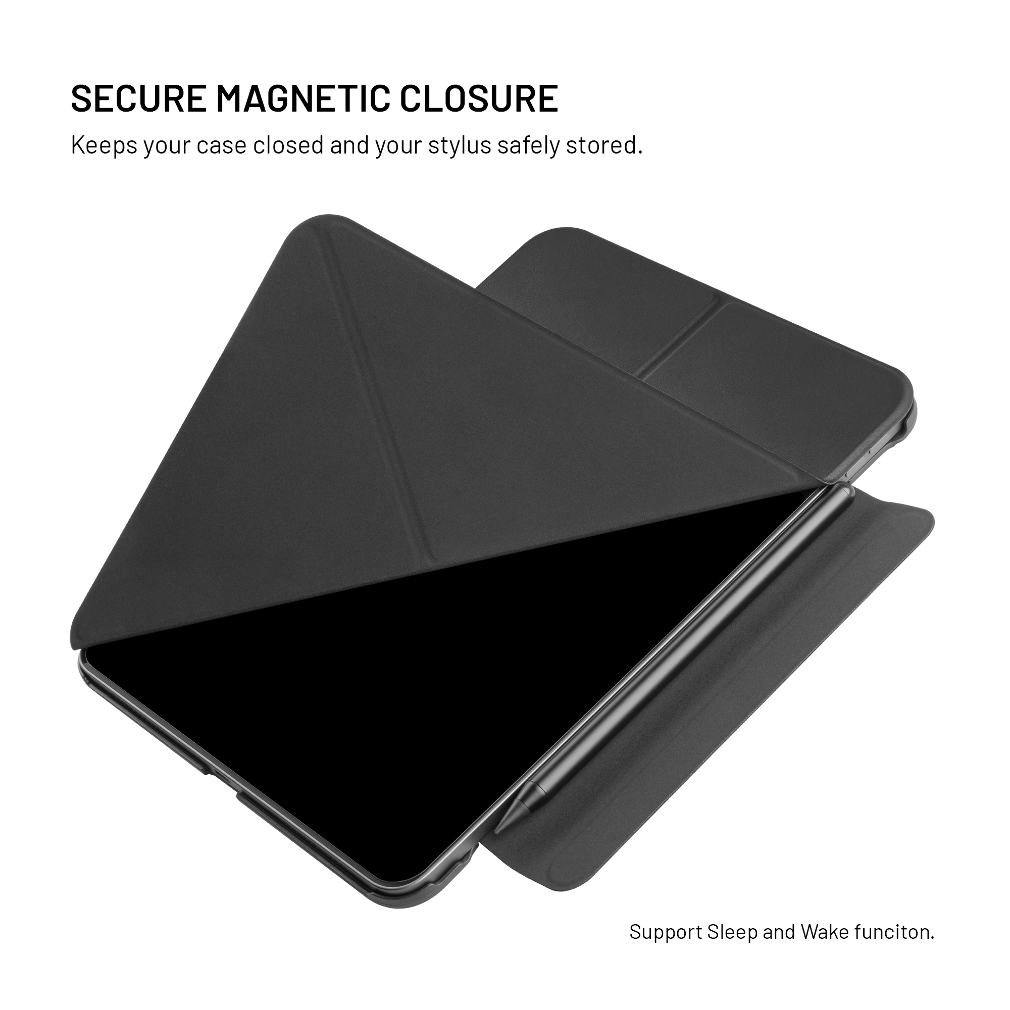 Schwarze Tablethülle mit integriertem Stiftfach und Magnetverschluss auf weißem Hintergrund.
