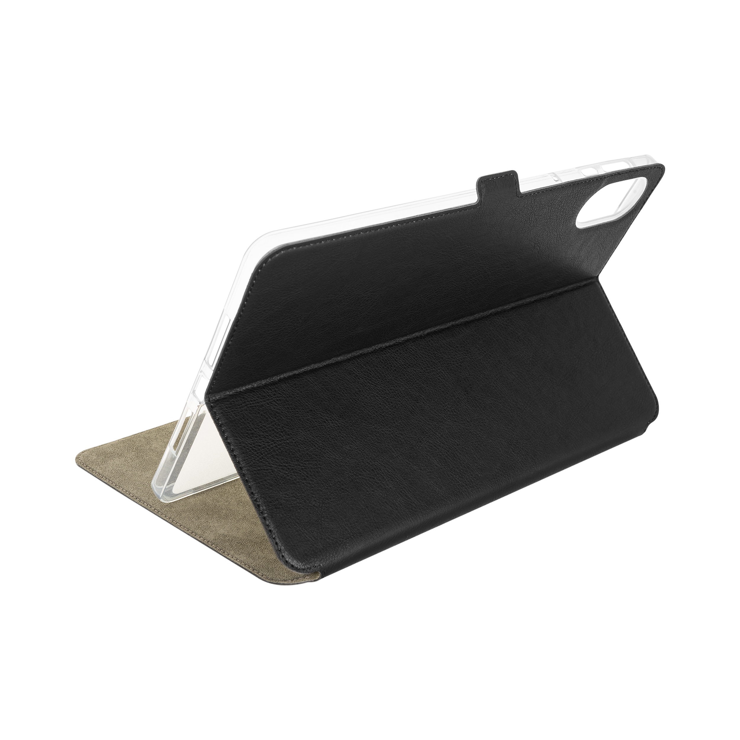 Eine schwarze Tablet-Hülle mit integriertem Ständer auf weißem Hintergrund.