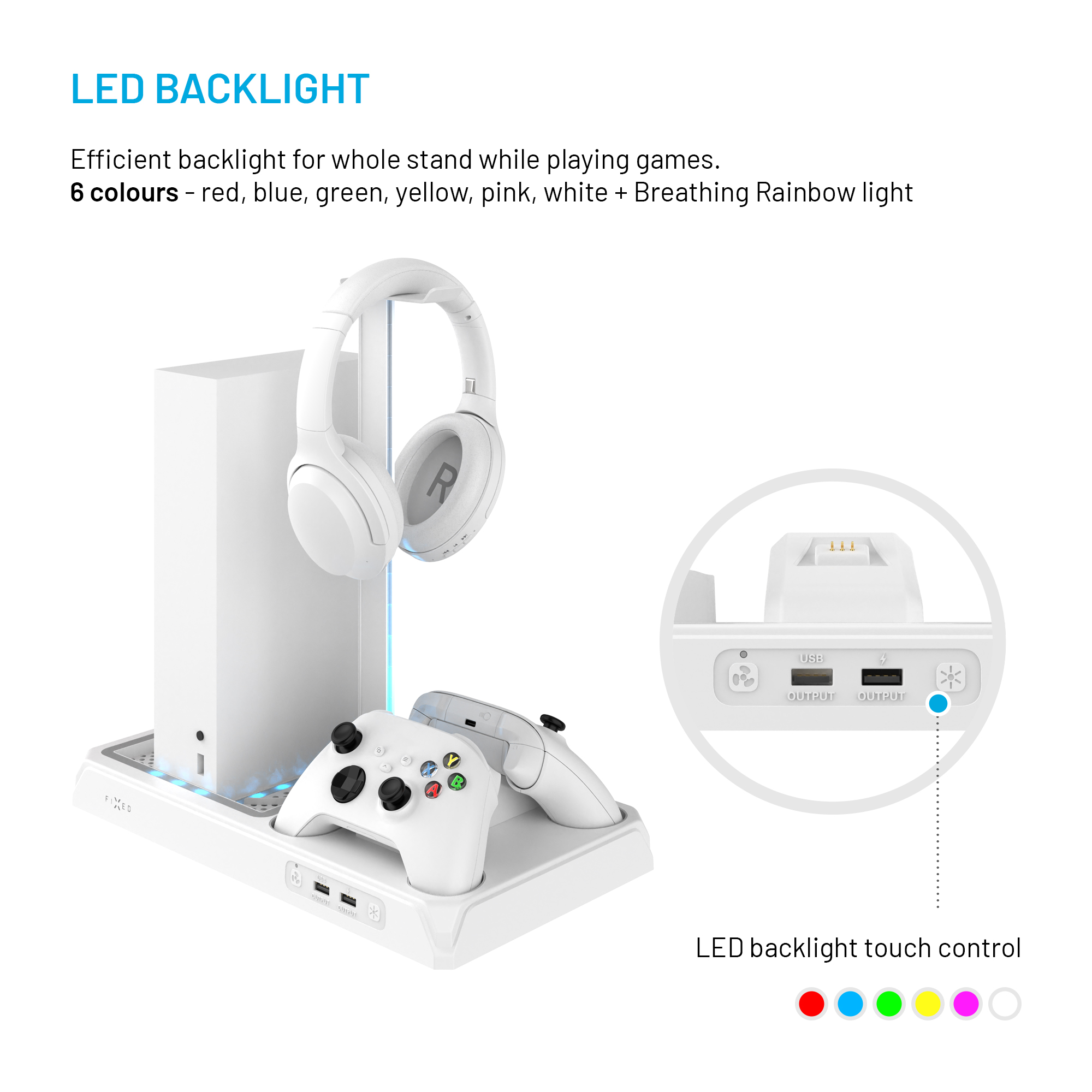 Weißer Gaming-Ständer mit Konsole, Headset, zwei Controllern, USB-Anschlüssen und LED-Beleuchtung.