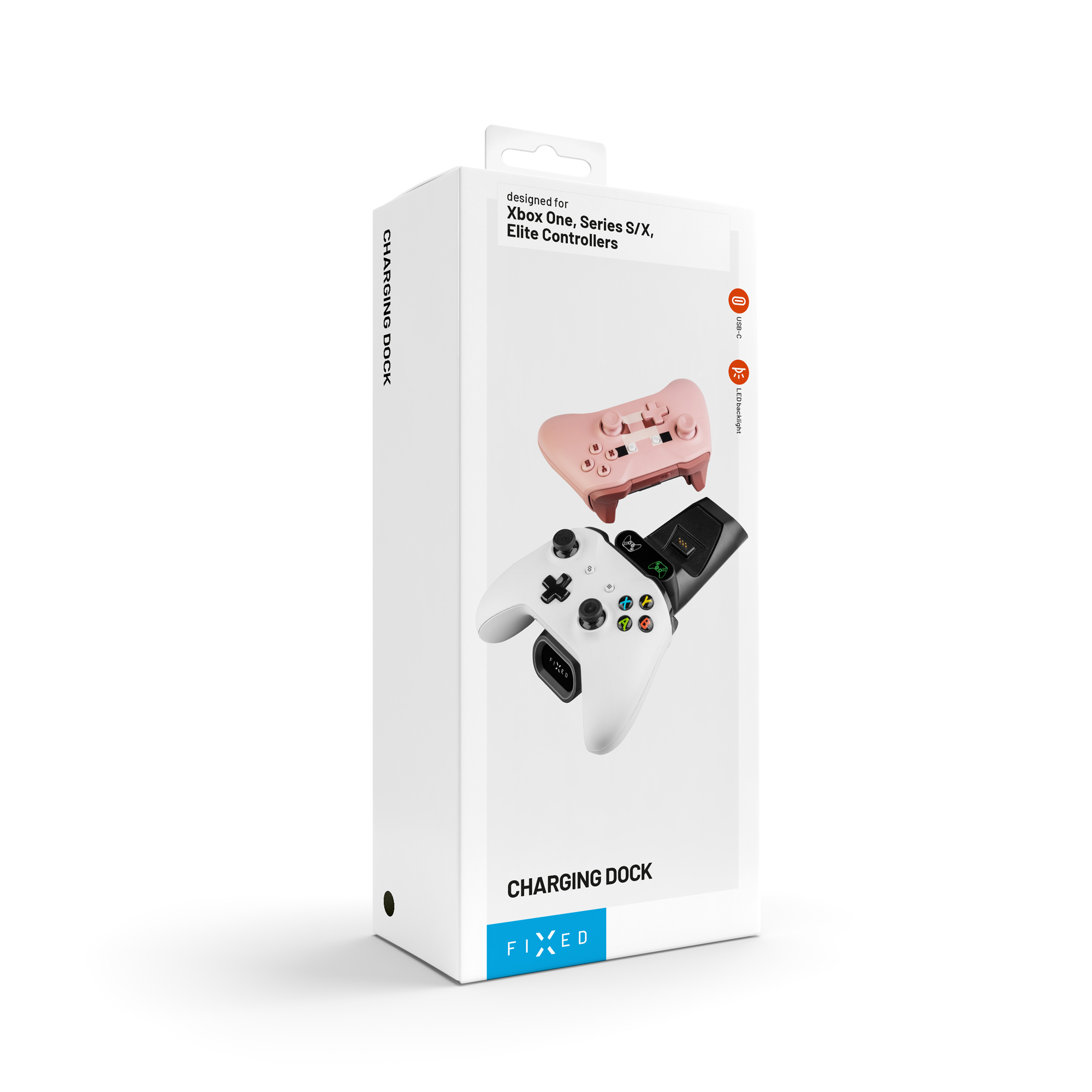 Eine weiße Produktverpackung für eine Xbox-Ladestation mit weißem und rosa Controller auf der Vorderseite.