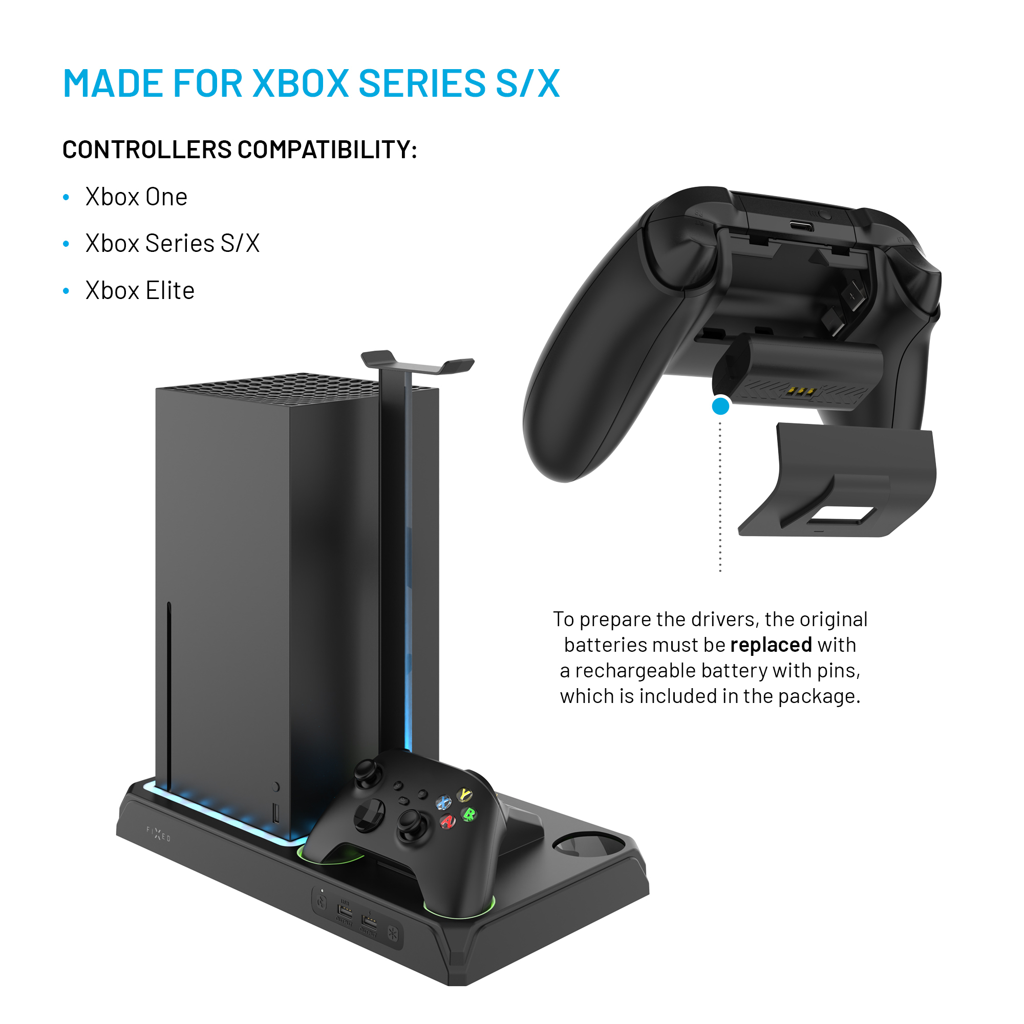 Ein Xbox-Ladeständer mit Konsole, Controller und Anweisungen zum Batteriewechsel.