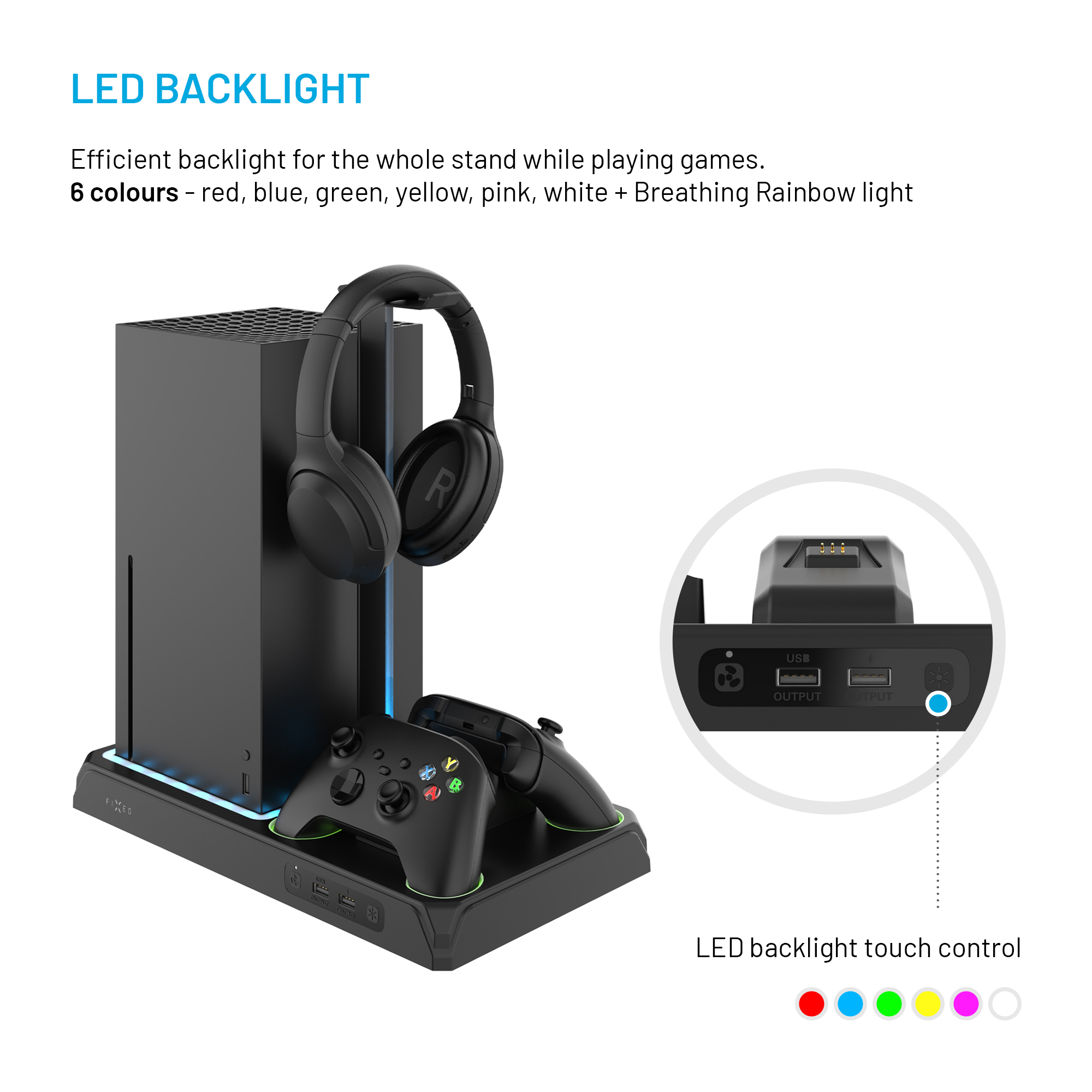 Xbox Series X Ständer mit LED-Beleuchtung, Kopfhörerhalter, Controllern und Touch-Steuerung.