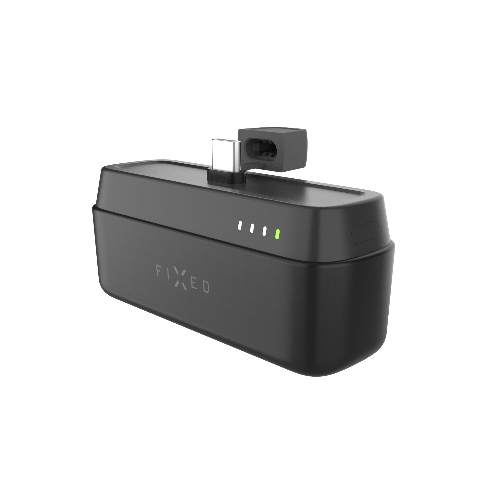 Power bank nera con logo FIXED, connettore USB-C e quattro spie LED verdi su sfondo bianco.