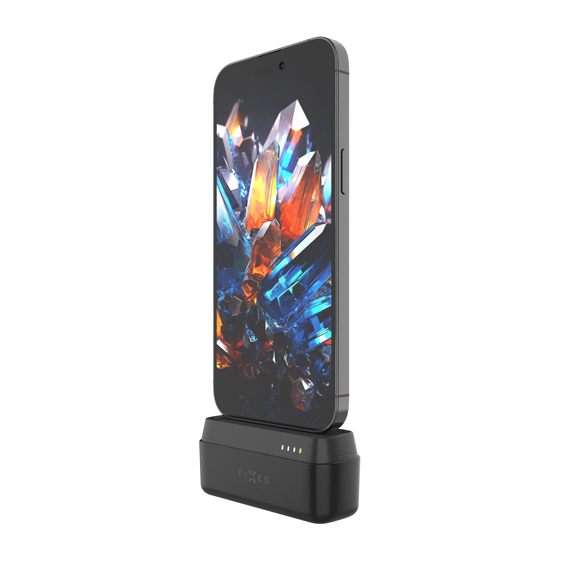 Uno smartphone su una base di ricarica nera su sfondo bianco, con uno sfondo di cristalli colorati.