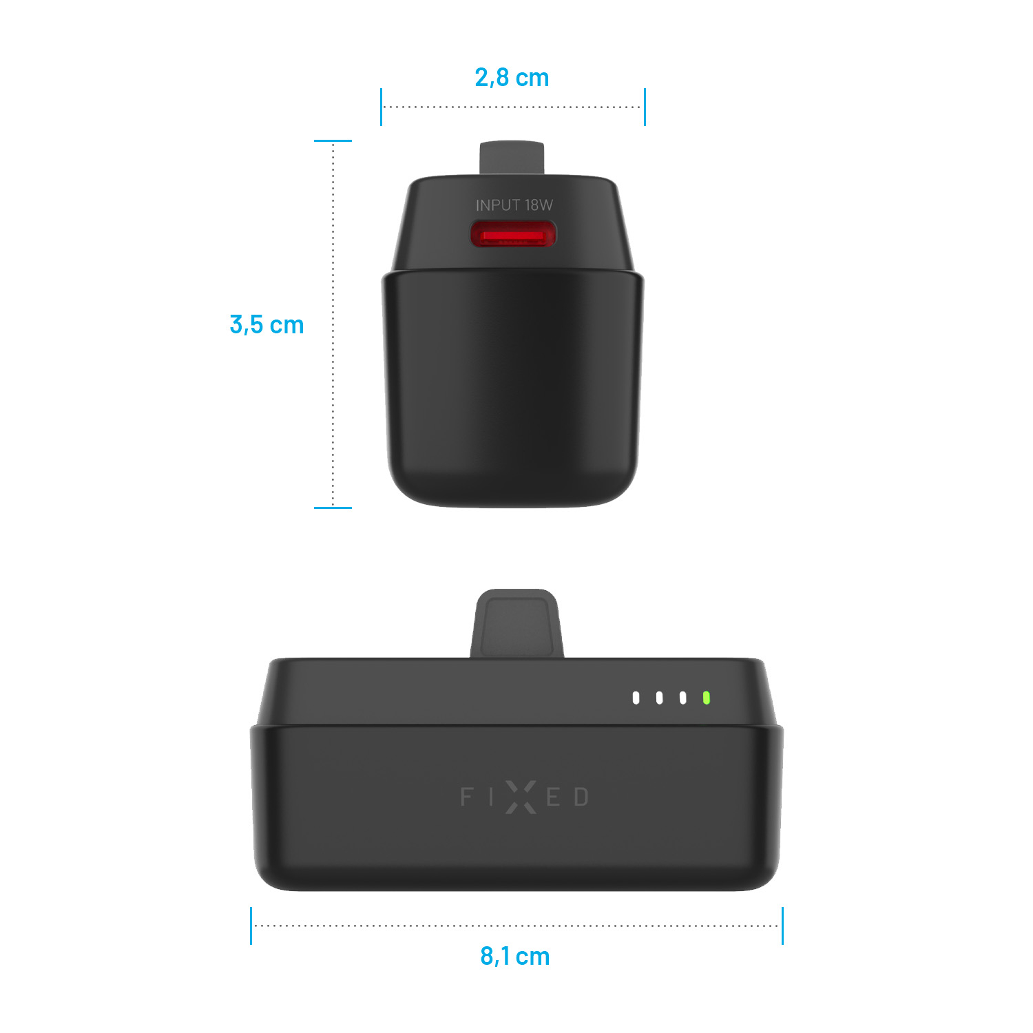 Caricabatterie nero e power bank con dimensioni di 2,8 cm, 3,5 cm e 8,1 cm.